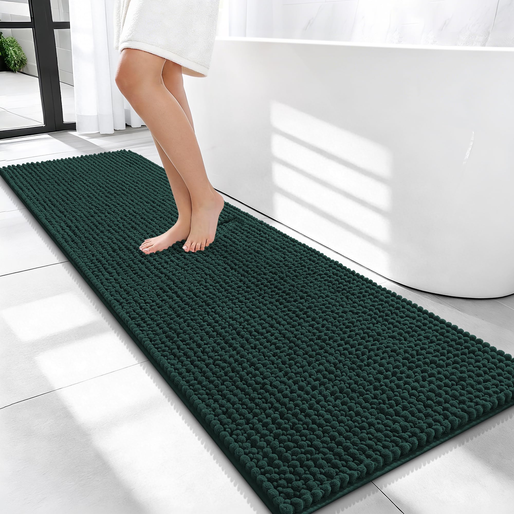 OLANLY Thick Chenille Bathroom Runner Rugs Mats 59x20, Blackish Green