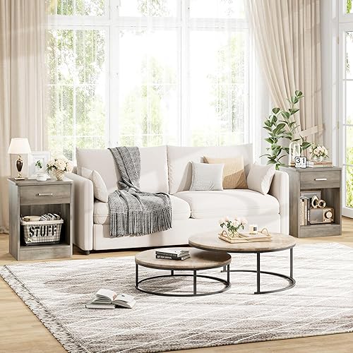 Miniatura 4 de FOTOSOK Juego de 2 mesitas de noche, mesa auxiliar de 2 niveles con cajón y estante de almacenamiento, mesa auxiliar de mesita de noche, mesita de