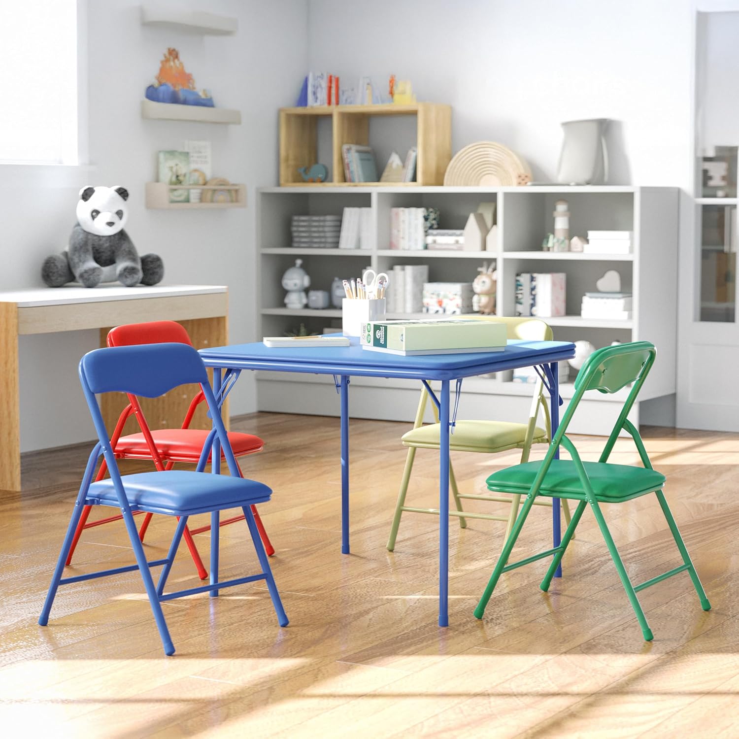 Flash Furniture Mindy Kids (4 piece set only) Folding Square Table and Chairs Set for Daycare and Classrooms, Children's Activity Table and Chairs Set, Multicolor Blue 5 Piece Set