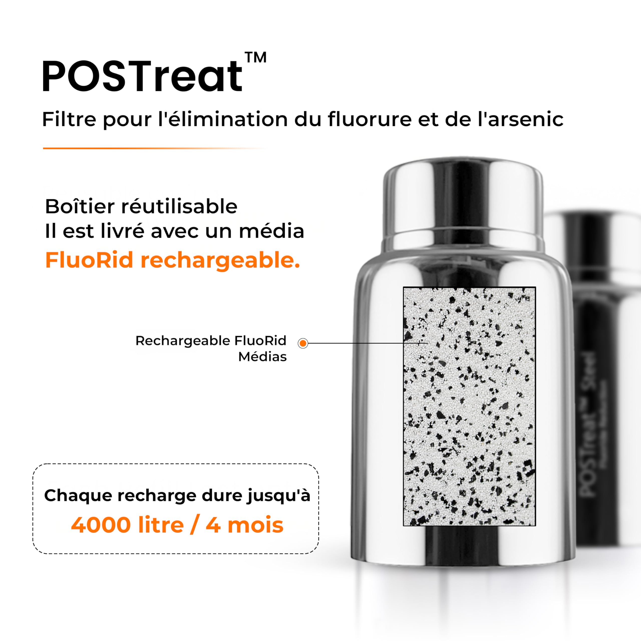 PHOENIX GRAVITY Postreat - Set di 2 elementi di riduzione del fluoruro in acciaio inox AISI 304 PF-4, rimuove > 95% di fluoruro, compatibile con Phoenix Smart Carbon (nero) elementi filtranti