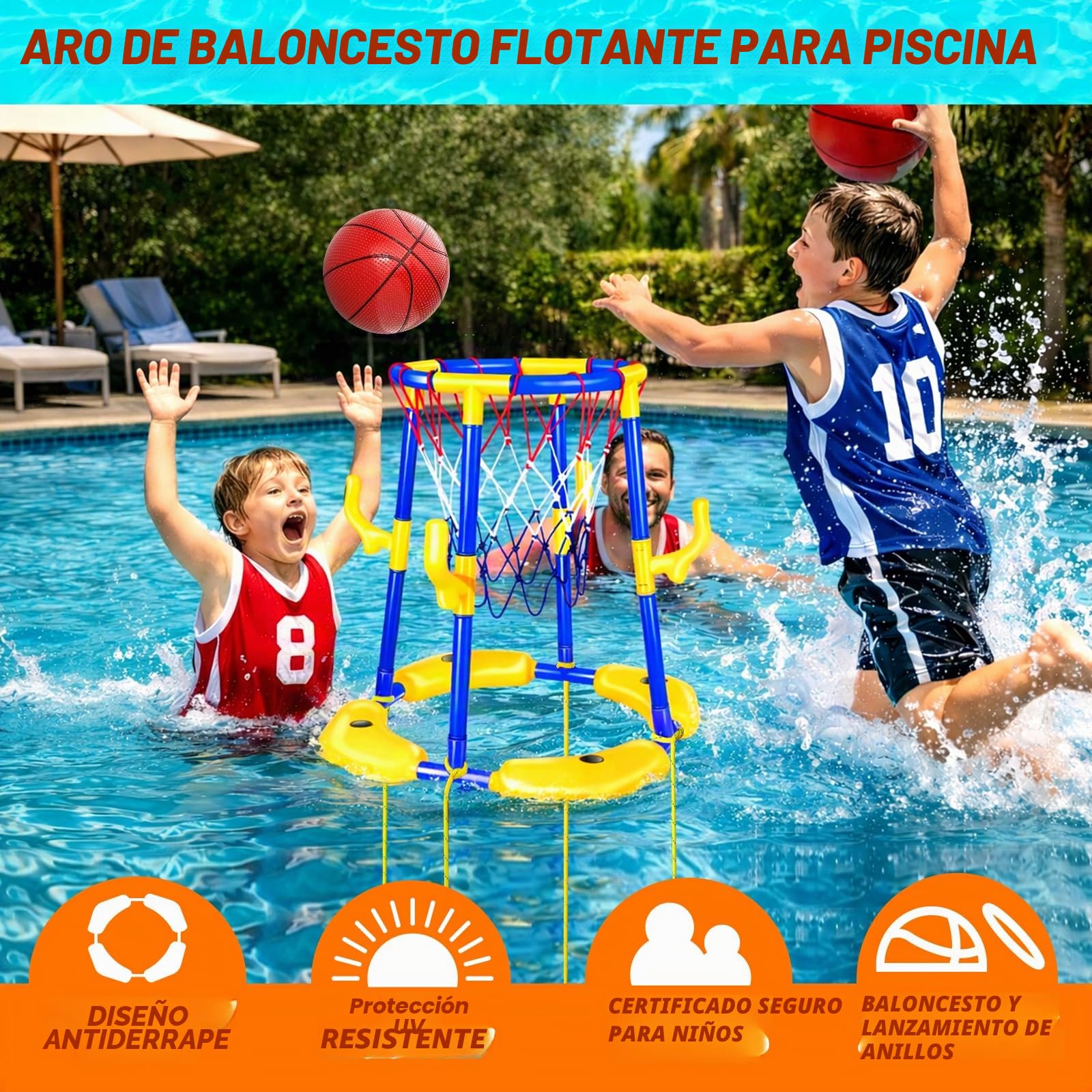 Set de canasta de baloncesto para piscina Doviden_Canasta de baloncesto flotante para piscina con 4 pelotas de agua, bomba y aros, juguete de piscina 2-en-1 para adultos, adolescentes/niños, juguete