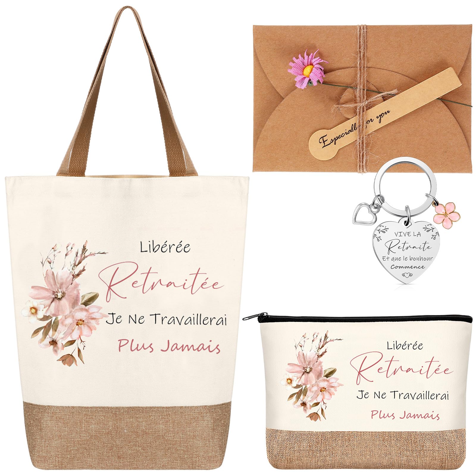 Cadeau Retraite Femme Sac à Main Tote Bag Trousse à Maquillage Pochette Cosmétique Porte-Clés Enveloppe avec Fleur