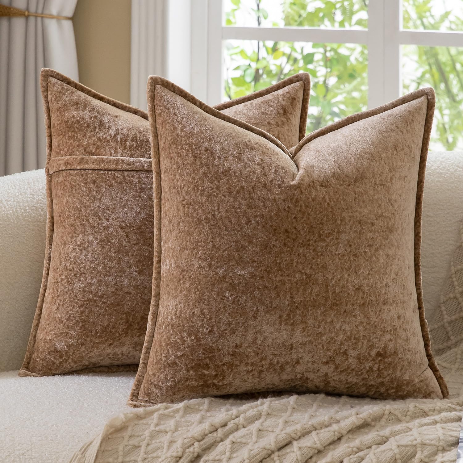 Madizz Decorative Vintage Chenille Cushion Covers Pack of 2 Plaid Couch Pillows Neutral Boho Farmhouse Pillow Cases Home Decor for Couch Sofa Bedroom Living Room 50x50 CM, Light Brown