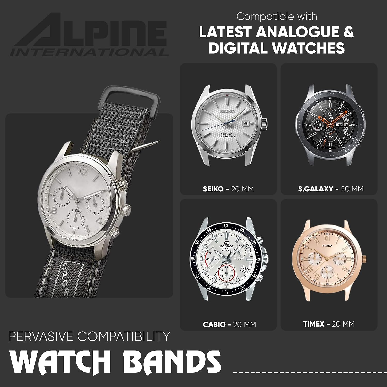 Alpine Sporty Nylon Watch Band | Waterproof Velcro Quick Release Watch Bands |Lightweight & Adjustable Watch Straps for Men |Replacement Watch Band Compatible with Regular & Smart Watches