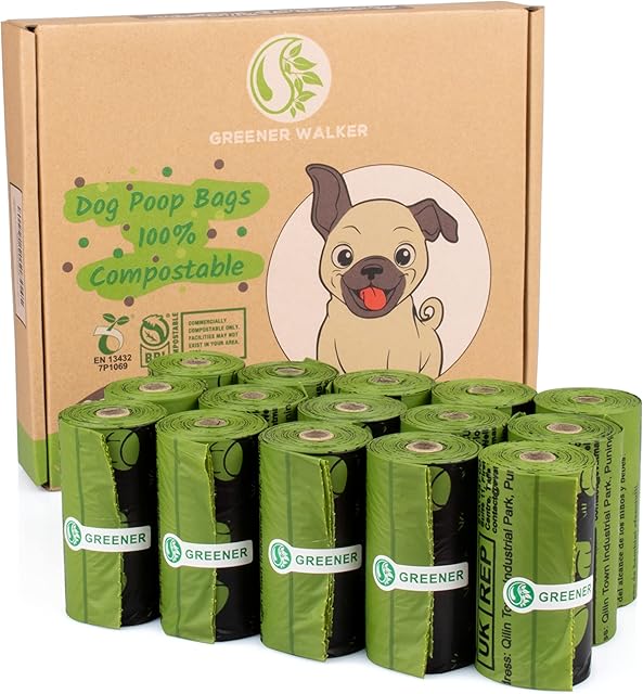 GREENER WALKER 100% Compostable Poo Bags for Dog Waste, 20% Extra Thick and Durable 225 Poop Bags, Leak Proof Biodegradable Dog Poo Bags with EN13432 and BPI Certified (Green)