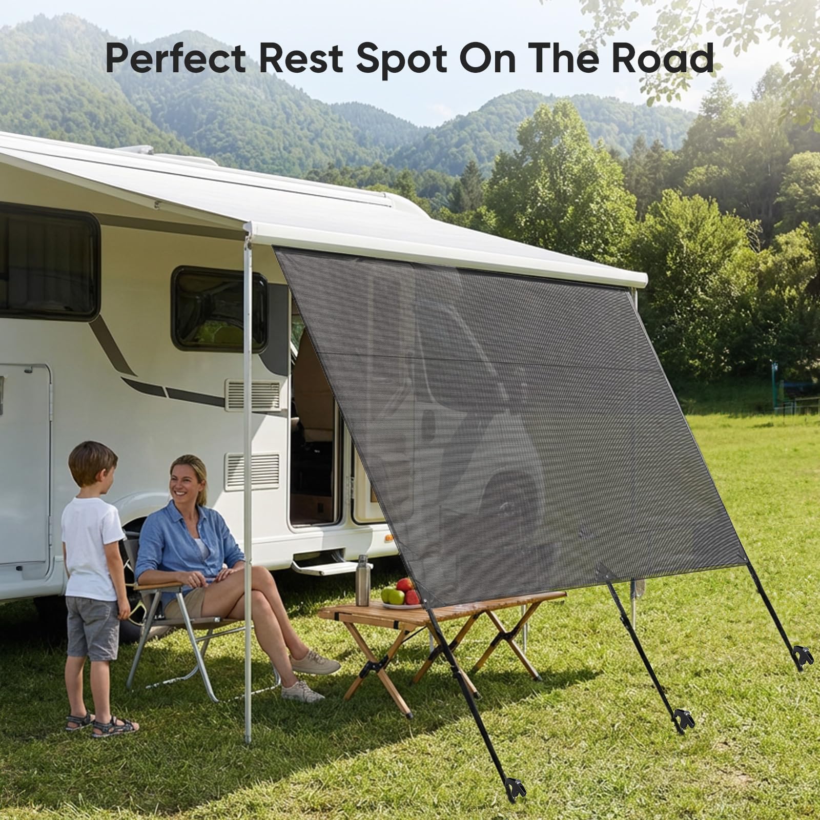 Sonnenschutz für Wohnmobil 2 x 3,3 m, Winddurchlässige und Sonnenschutz Markisenvorderwand 3 Keder mit Ø 4, 6 und 10 mm, Doppellagiges Netzgewebe Sun Blocker Wohnmobil Vorderwand