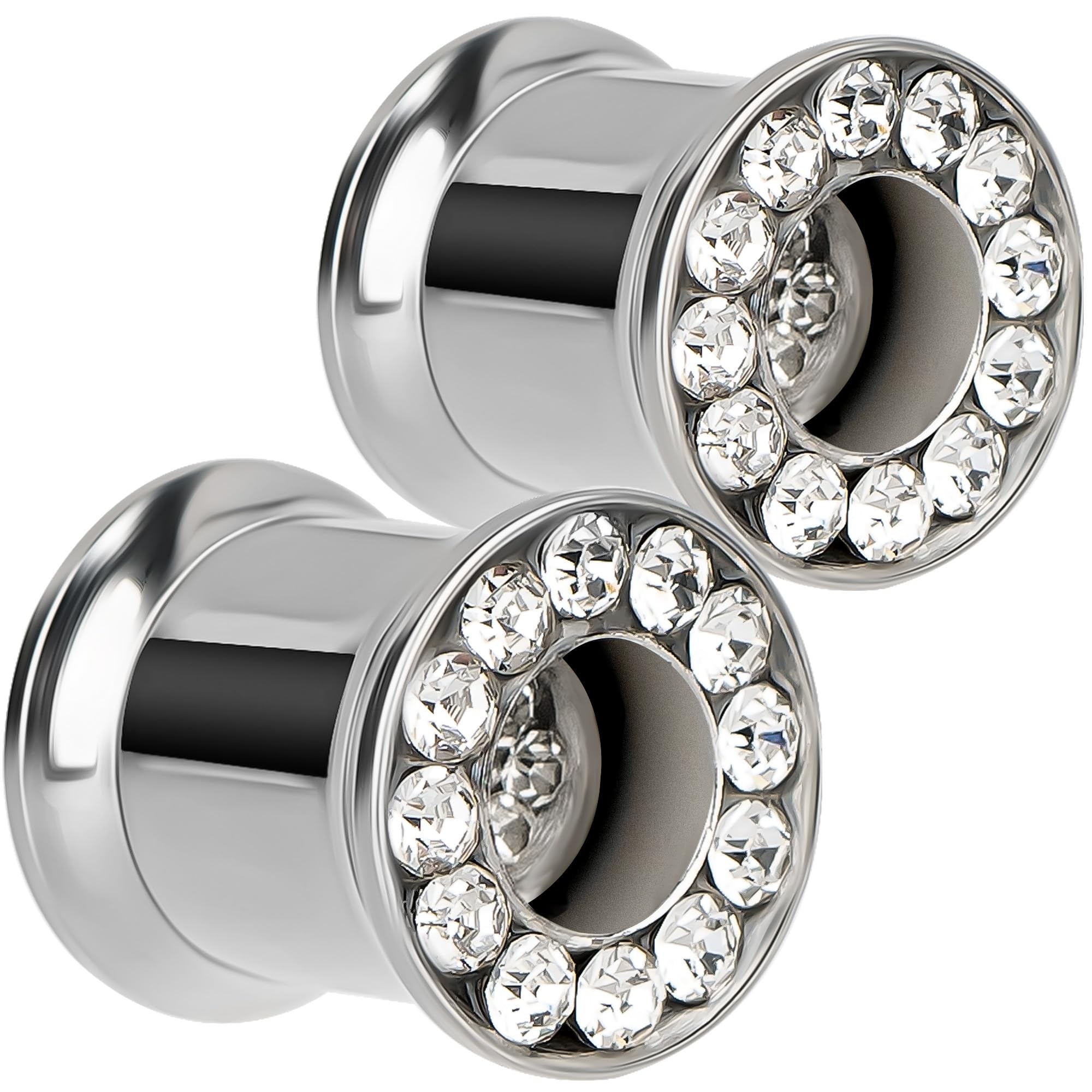 Stainless Steel Ear Tunnels, Metal Screw Back Ear Gauges (8 mm) 0 g, Double Row Diamond Plugs for Ears, Ear Piercing Expander, Stretchers Earrings Jewelry Gifts for Women Men (Silver)