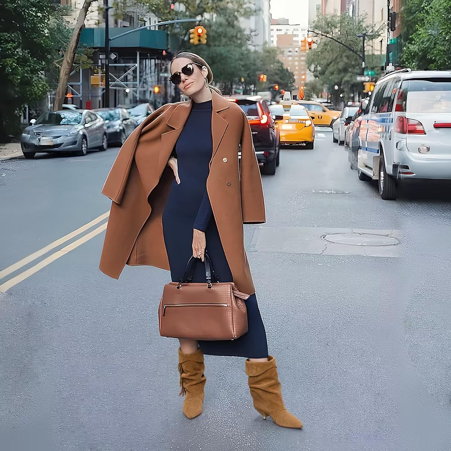 Agodor Women's Slouchy Ankle Boots - Pointed Toe Kitten Heels Booties Wide Calf Boho Suede Cowboy Boots Fold Over Mid Calf Slip On Comfortable Shoes