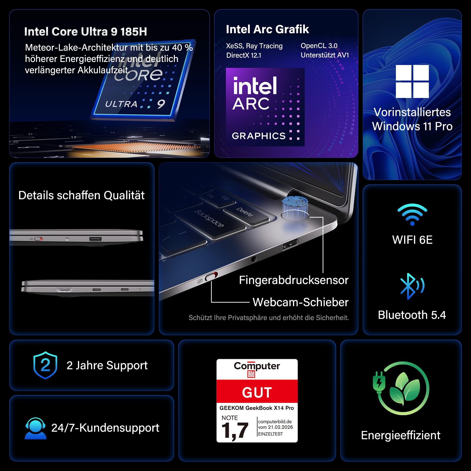 GEEKOM GeekBook X14 Pro Laptop, 999 g Ultraleicht, 14" 2.8K OLED, Ultra 9-185H, 32GB LPDDR5x RAM 7500MT/s, 1TB SSD, 2X USB4, Fingerprint & Webcam-Schieber, bis zu 16 h Akku, Copilot+, Windows 11 Pro