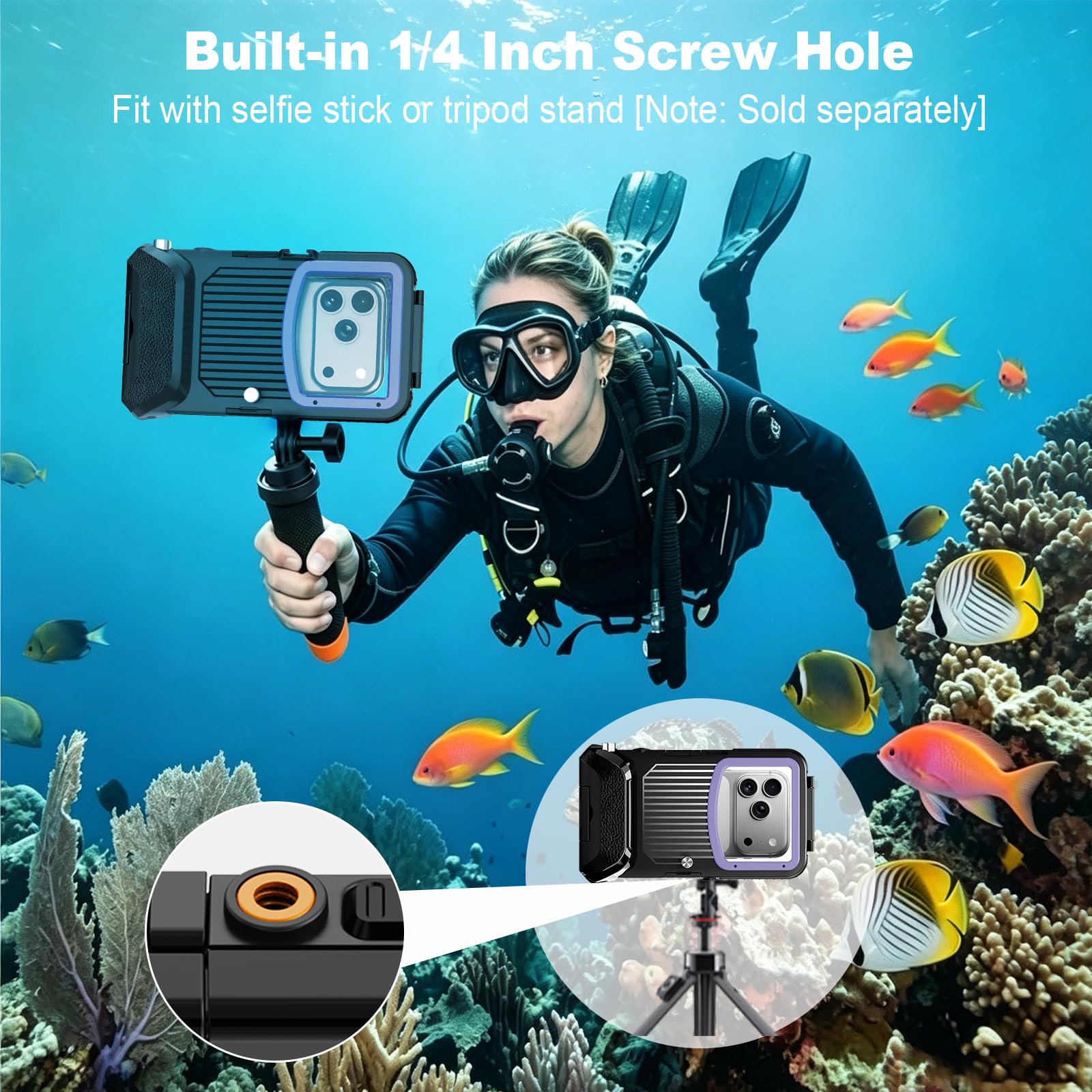 Custodia impermeabile subacquea da 15 m per iPhone 17/16/15/14 | Smartphone da 5,4 a 6,9 pollici, tasto volume del telefono a sinistra, snorkeling, nero viola