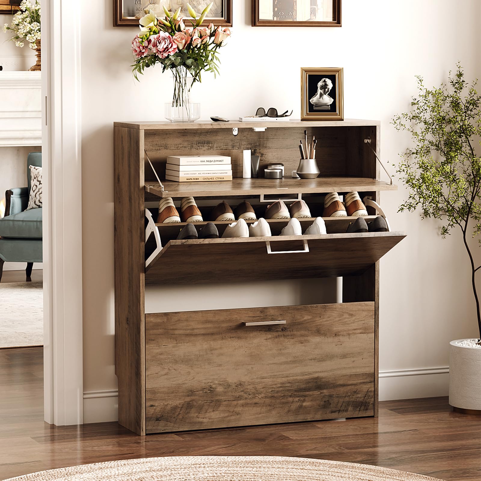 Bonnlo Meuble à Chaussures 2 Portes & 1 Tiroir, Meuble Rangement Chaussures pour 12-16 Paires, Armoire à Chaussures, 80 x 24 x 94 cm, pour Entrée & Couloir (Gris lavé)