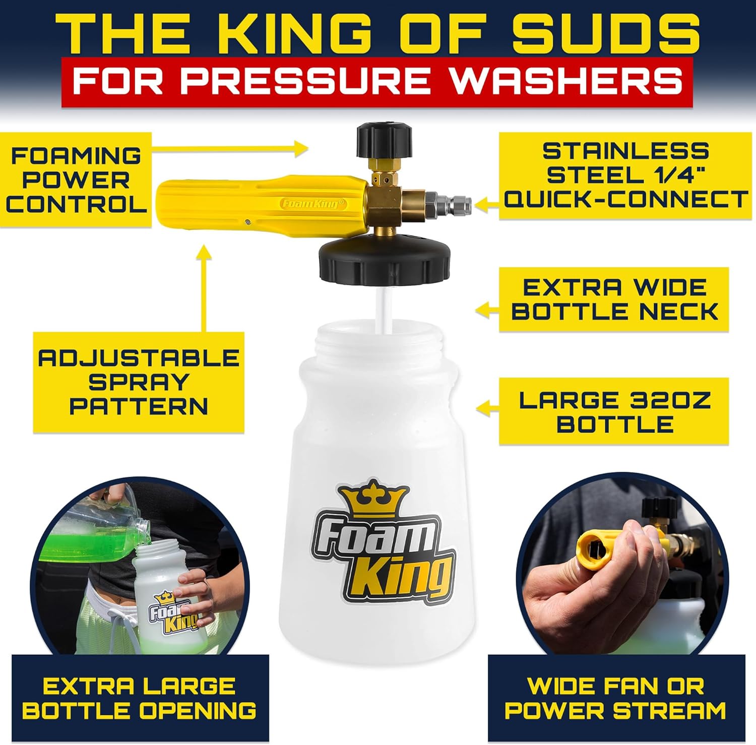 Foam King Foam Cannon for Pressure Washer, Car Wash Soap Sprayer with 1/4" Quick Connector, Wide-Neck Bottle, Adjustable Snow Foam Blaster for Auto Detailing, Trucks, Motorcycles & More