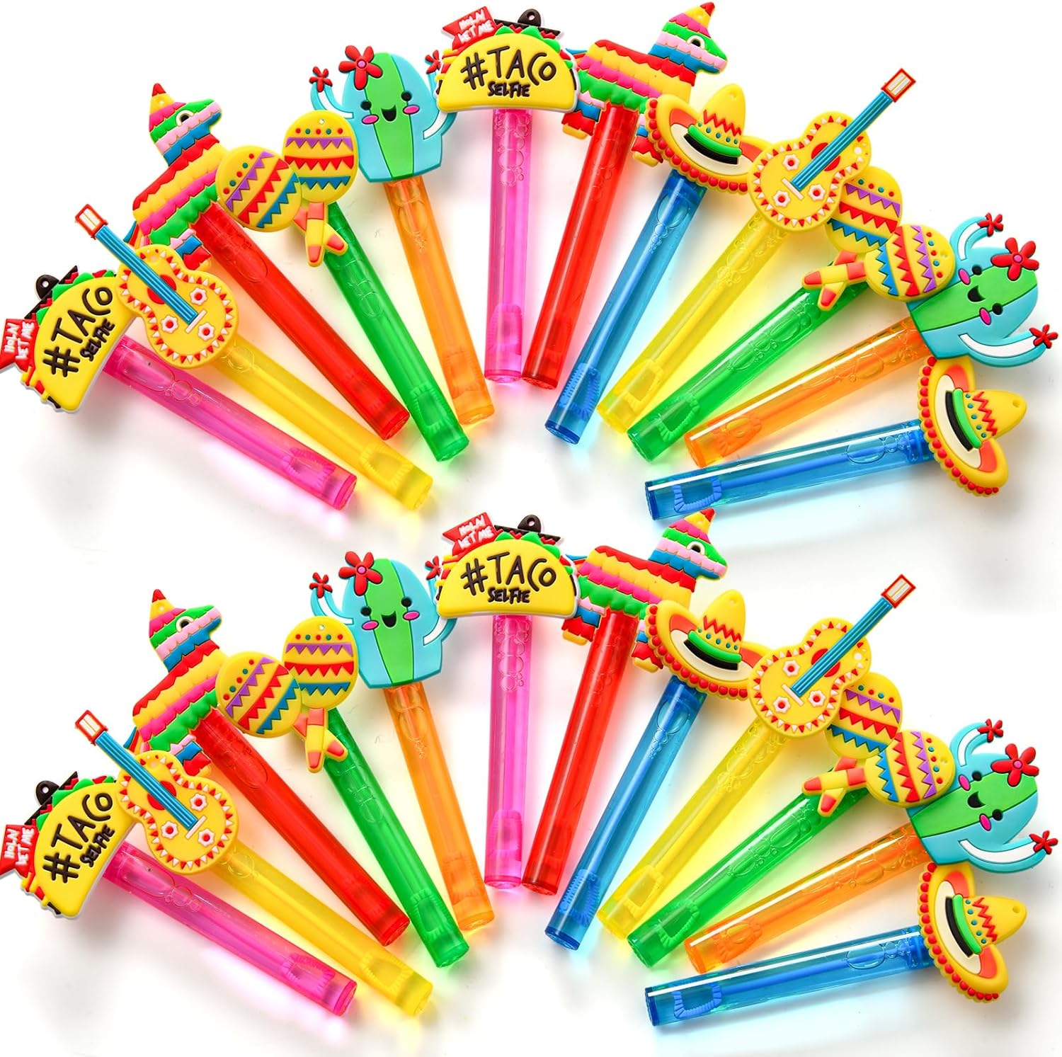 Winrayk Cinco de Mayo Party Favors, 24Pcs Fiesta Mexican Mini Bubble Wands for Kids Bubbles Bulk with Detachable Topper, 6 Styles & Colors (Taco Maraca Llama Cactus Guitar Sombrero), Goody Bag Stuffer