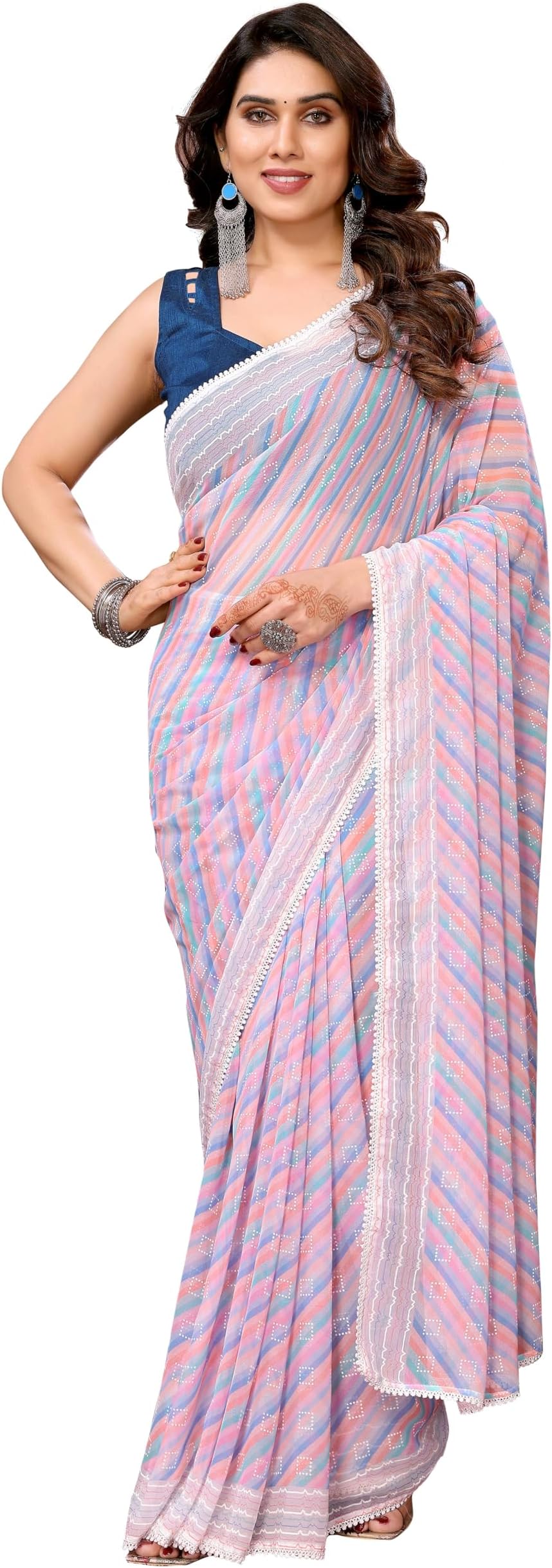 MOHIT CREATIONS Women's Party Wear Georgette Printed Border Ready To Wear Saree With Unstiched Blouse Piece