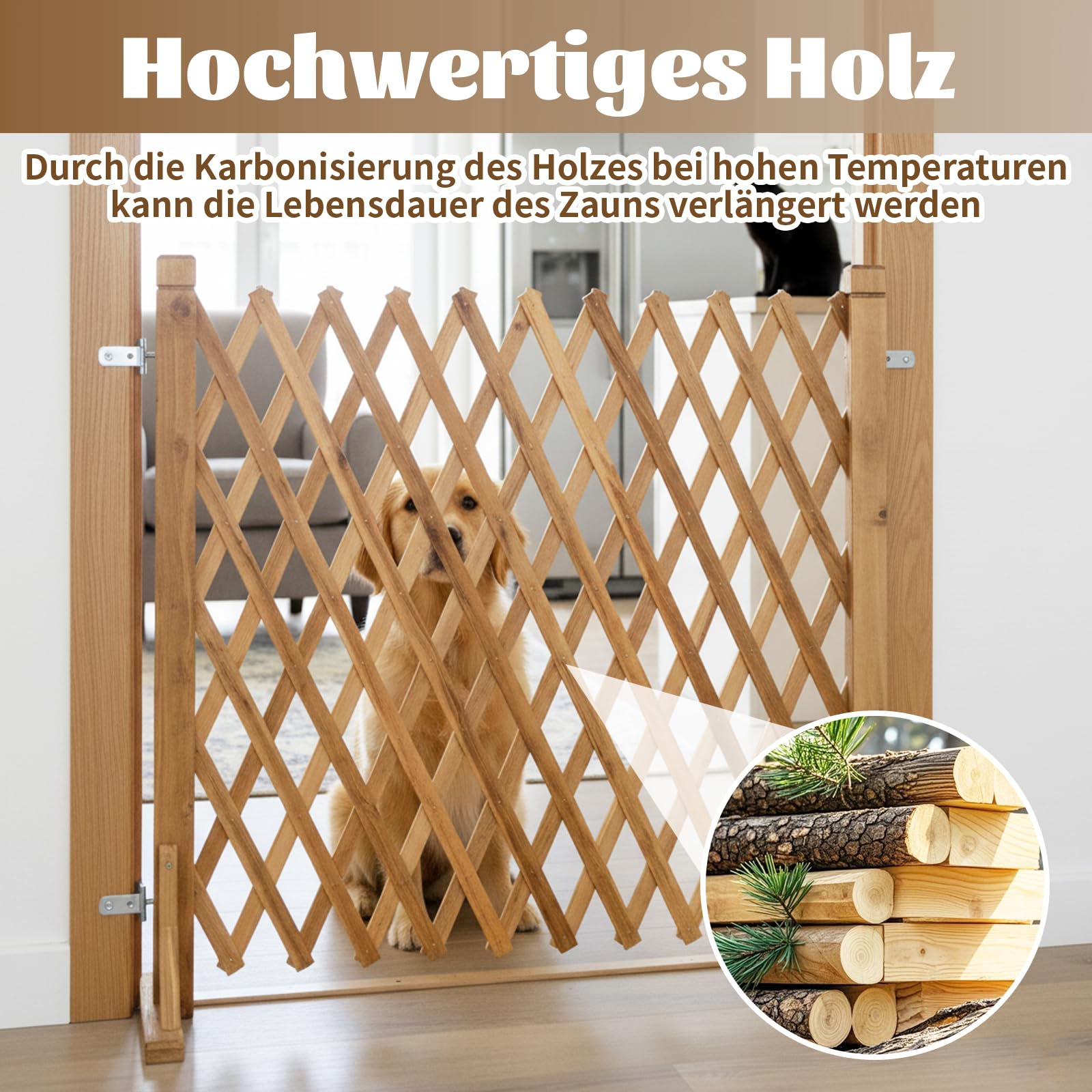 MYOYAY 2 Stück Ausziehbar Holz Rankgitter, Verstellbar Zaun für Hunde 70CM Hoch, Holzzaun Garten Freistehend Dekorativer Gartenzaun (24-160cm) für Pflanzen Haustiere Garten Balkon - Naturholzfarbe
