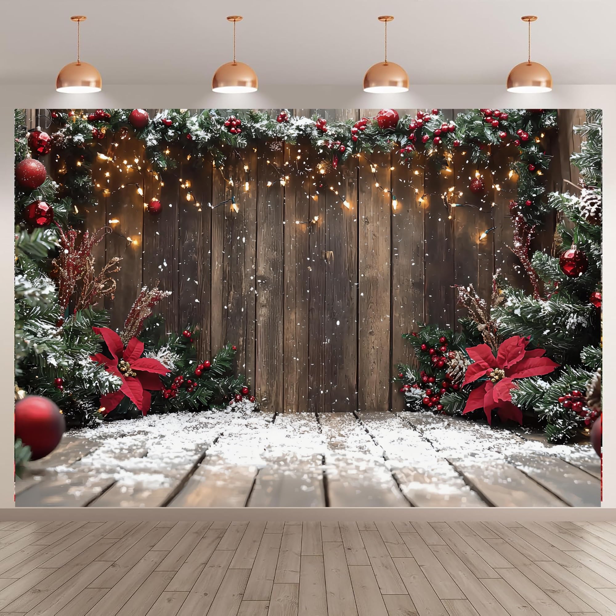Scena invernale con camino, sfondo natalizio in tessuto, sfondo fotografico, albero di Natale innevato, foresta innevata, albero per feste, decorazione per cabine fotografiche (300 x 250 cm)