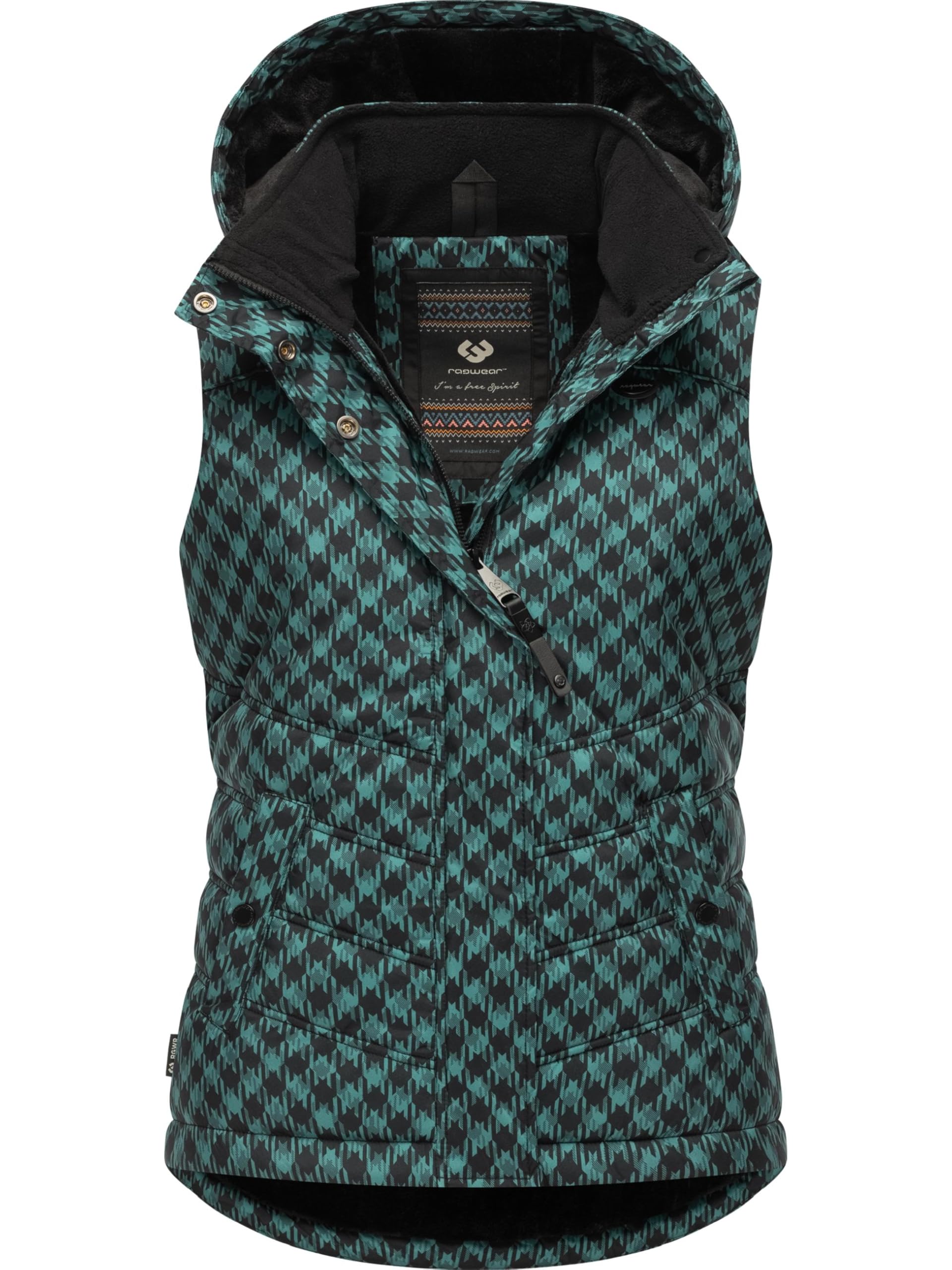 Ragwear Damen Winter-Steppweste Hesty Print im Hahnentritt-Look mit Kapuze