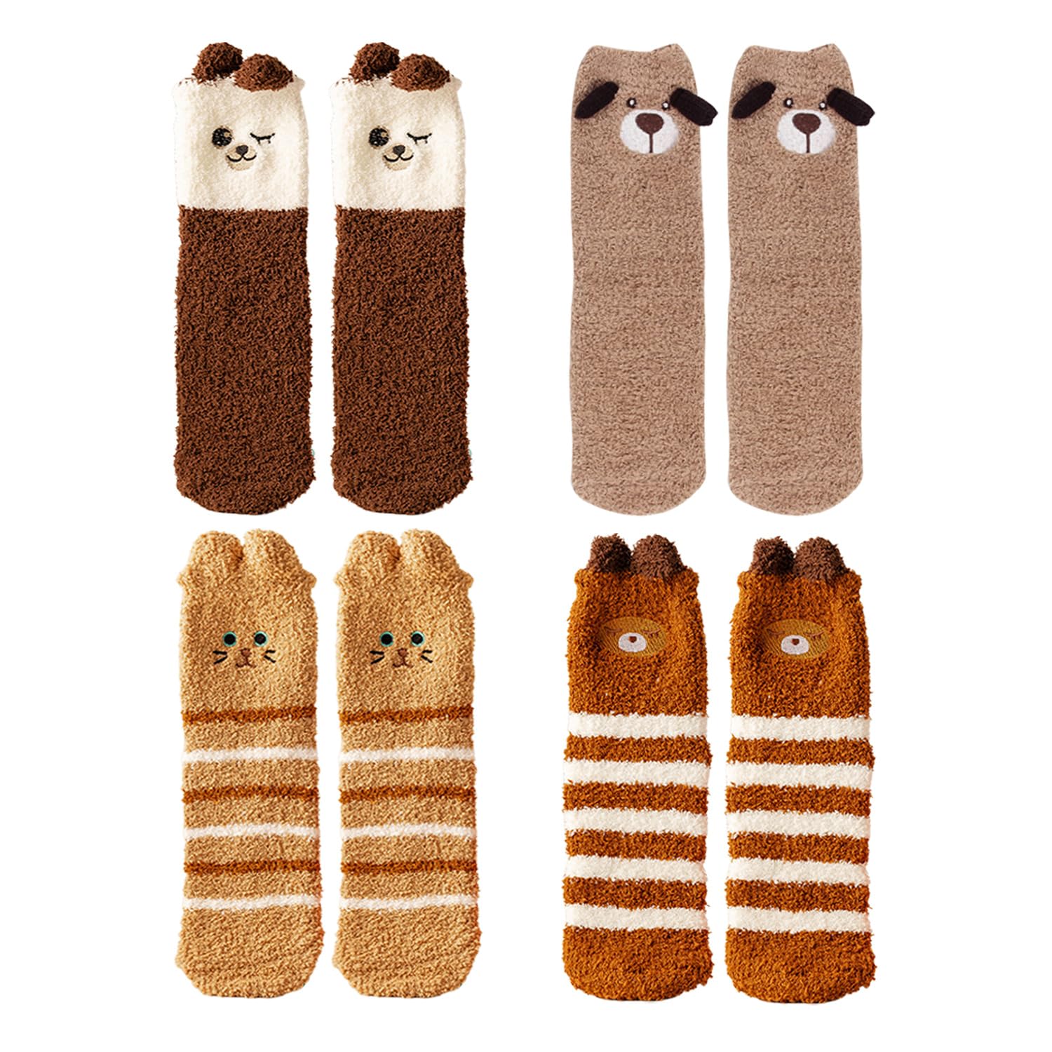Rnfksu Unisex Brown 4 Pairs Of Ladies Plush Socks, Thick Warm Socks, Indoor Home Casual Comfortable, Cartoon Coral Fleece.