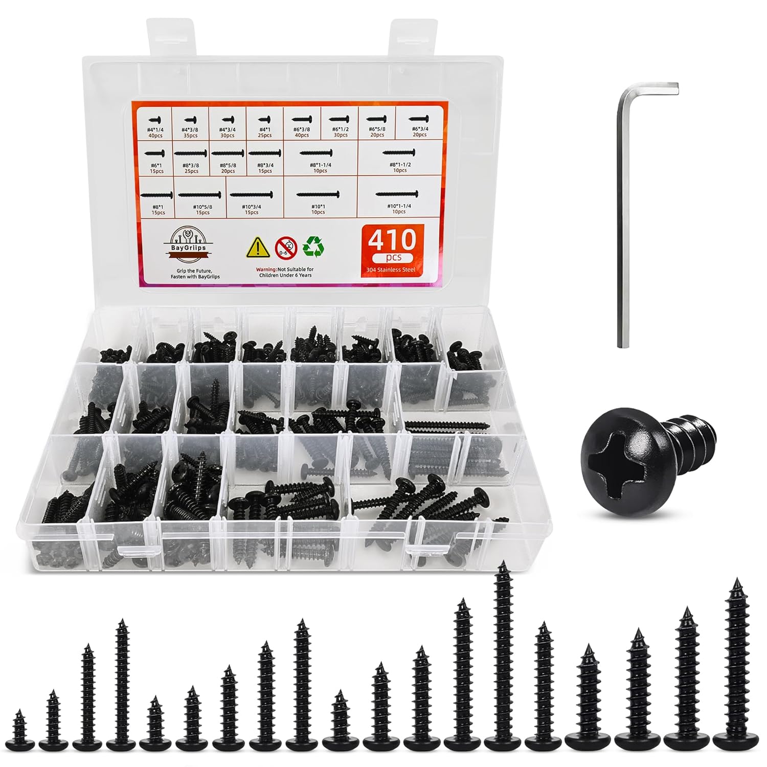 410 PSC Stainless Steel Black Screw Assortment Kit - #4#6#8#10 Phillips Pan Head, Self-Tapping for Wood & Metal