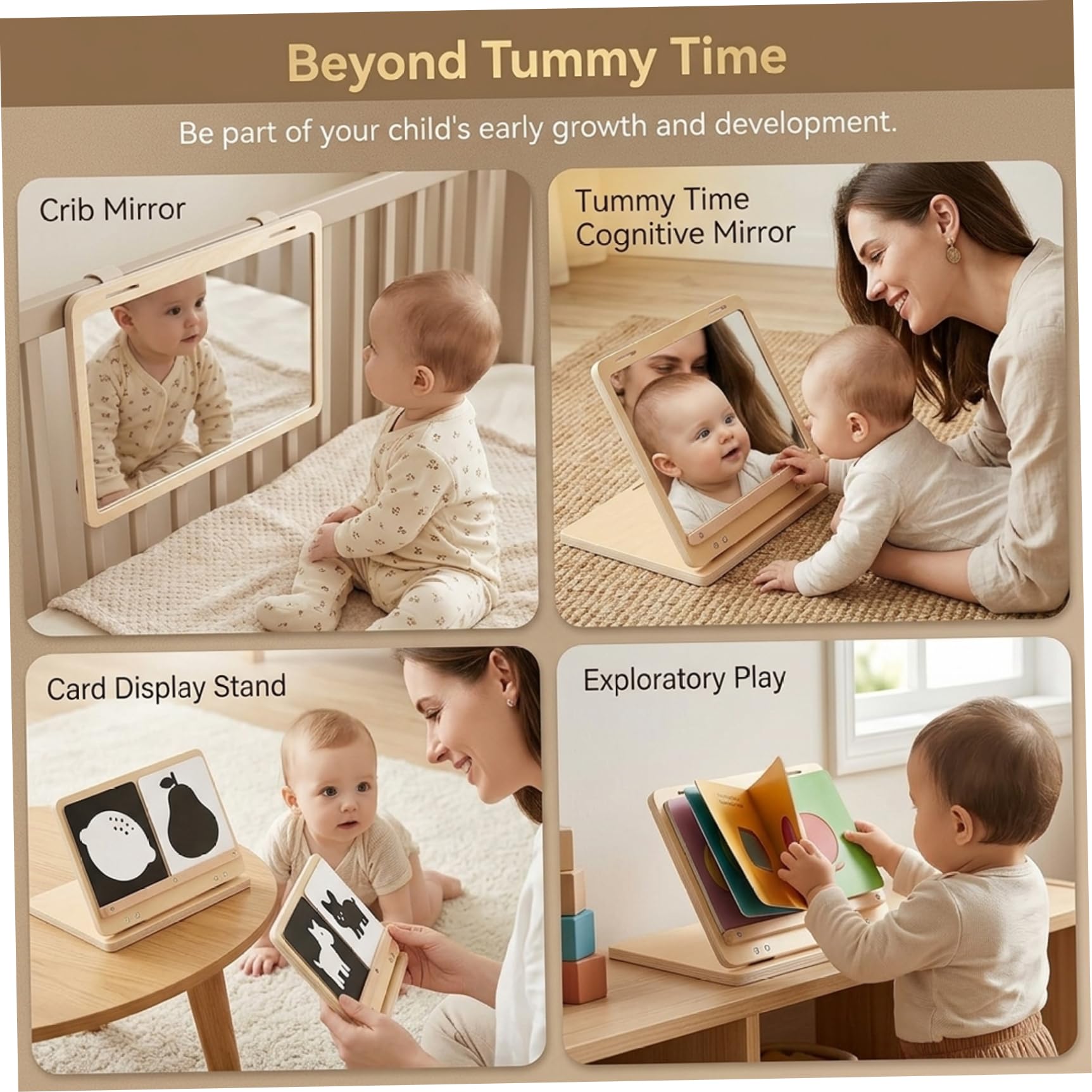 Giocattolo specchio per la pancia del bambino, giocattolo sensoriale specchio Montessori con supporto regolabile e carte visive per neonati 0-3 mesi, in legno per lo sviluppo visivo infantile