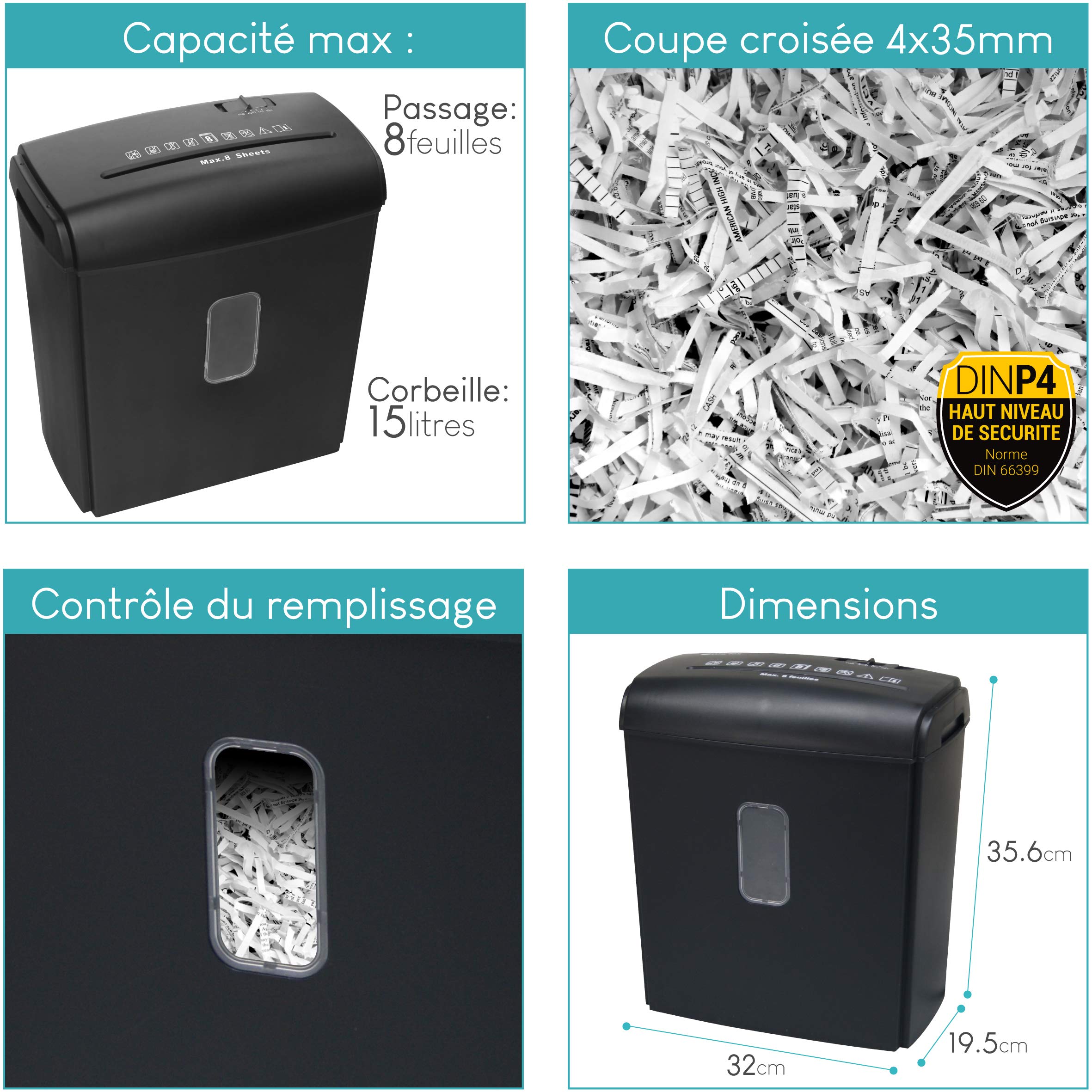 WAYTEX Destructeur de Documents Coupe croisée 8 Feuilles 15 litres