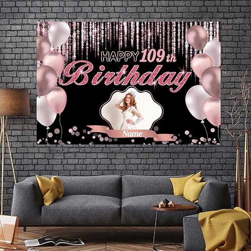 Miniatura 7 de Cartel de decoración de feliz cumpleaños número 109 de oro rosa personalizado  Tamaño grande, personalización con nombre y foto compatible
