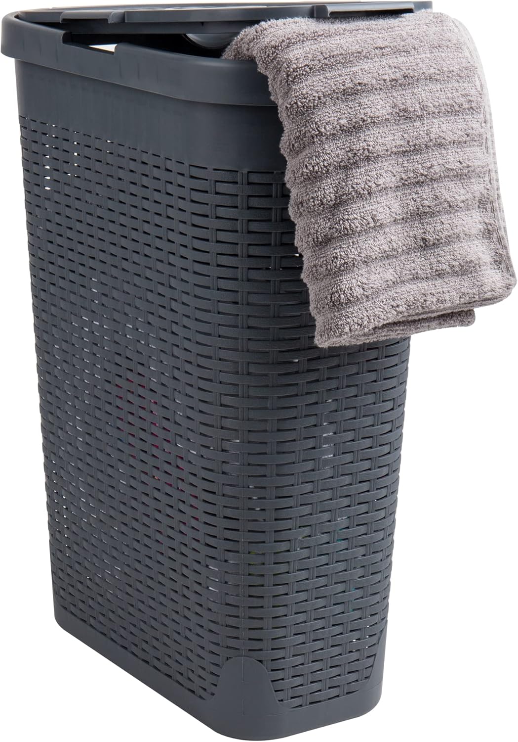 Mind Reader Basket Collection, Slim Laundry Hamper, 40 Liter (15kg/33lbs) Capacity, Cut Out Handles, Attached Hinged Lid, Ventilated, 18"L x 10.4"W x 23.5"H, Gray Gray Single