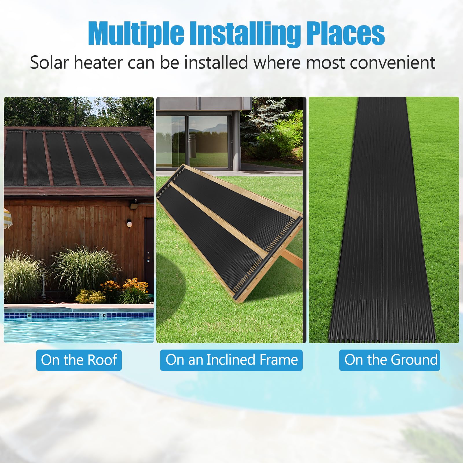 SOARS Réchauffeur Solaire, Lot de 2 Panneaux Solaire Piscine Hors Sol, Matériau PE de Qualité, Set d’Accessoires Complets, pour Piscine Jusqu’à 12000L d’Eau, Noir (3 x 0,75 m)