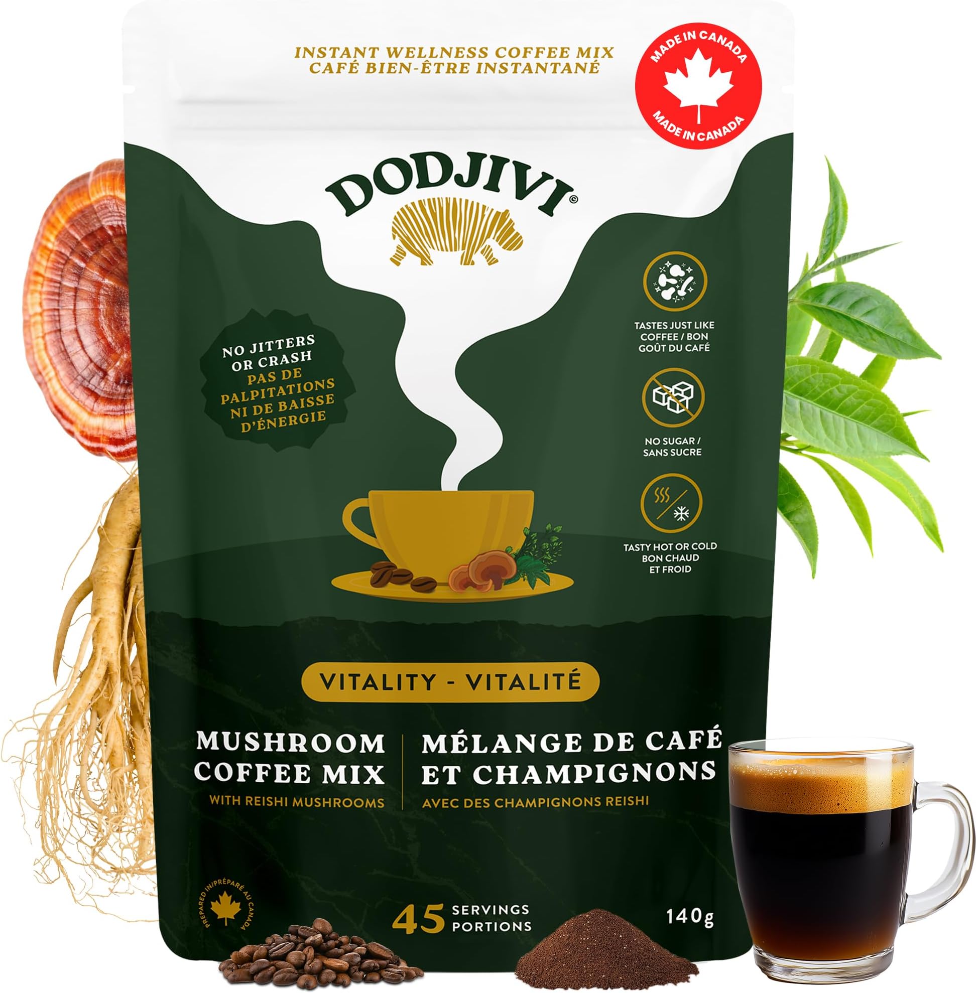 Dodjivi Organic Reishi Mushroom Coffee, Sustained Energy & Focus, Instant Coffee, Arabica with Adaptogenic Herbs, Sugar-Free, Vegan, Keto-Friendly, Low-Acid, Smooth Taste, 60-90 Servings