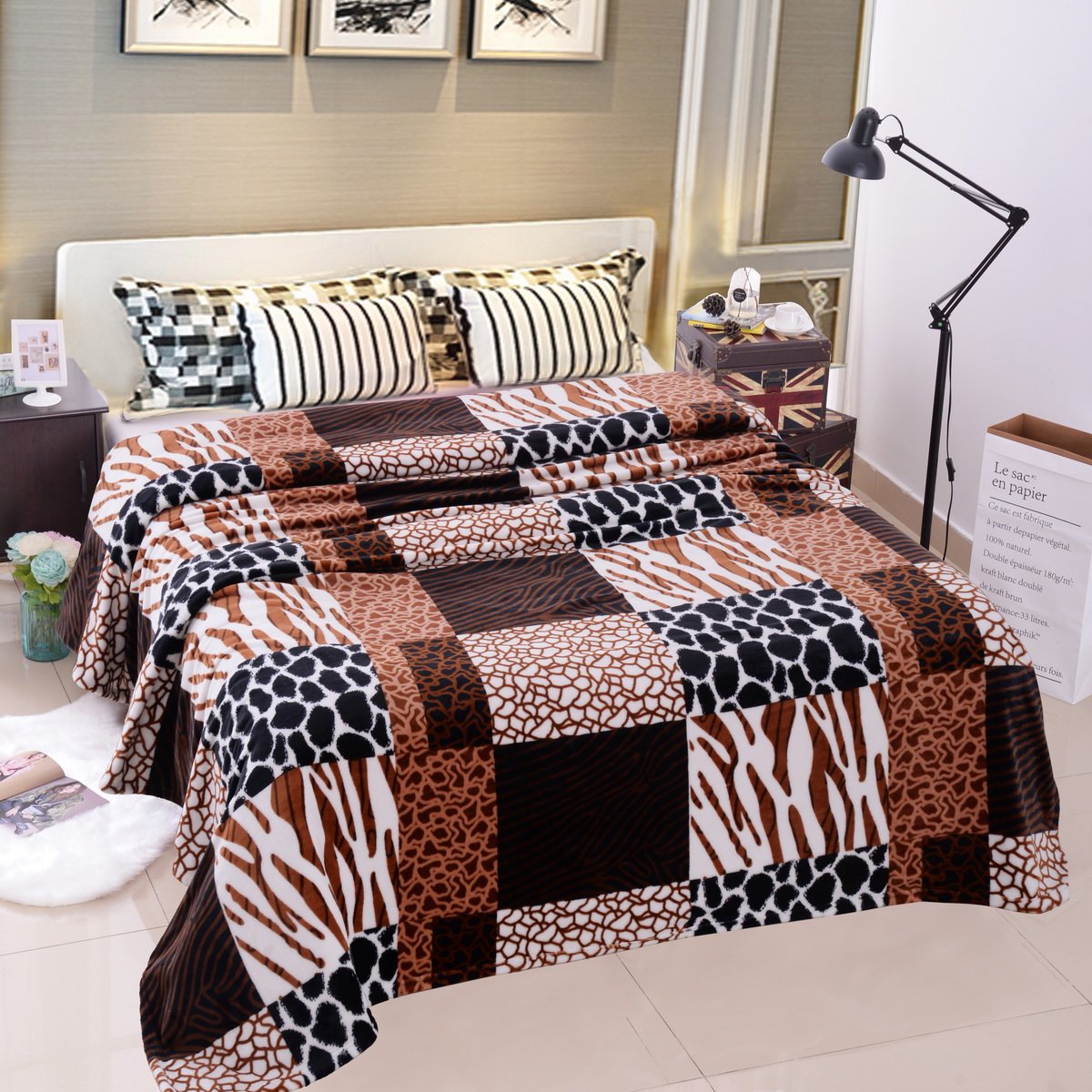 JML Lightweight Plush Soft Warm Brown Plaid Printed Pattern Flannel Fleece Bed Throw Blanket, King Size 79 x 91 Inches