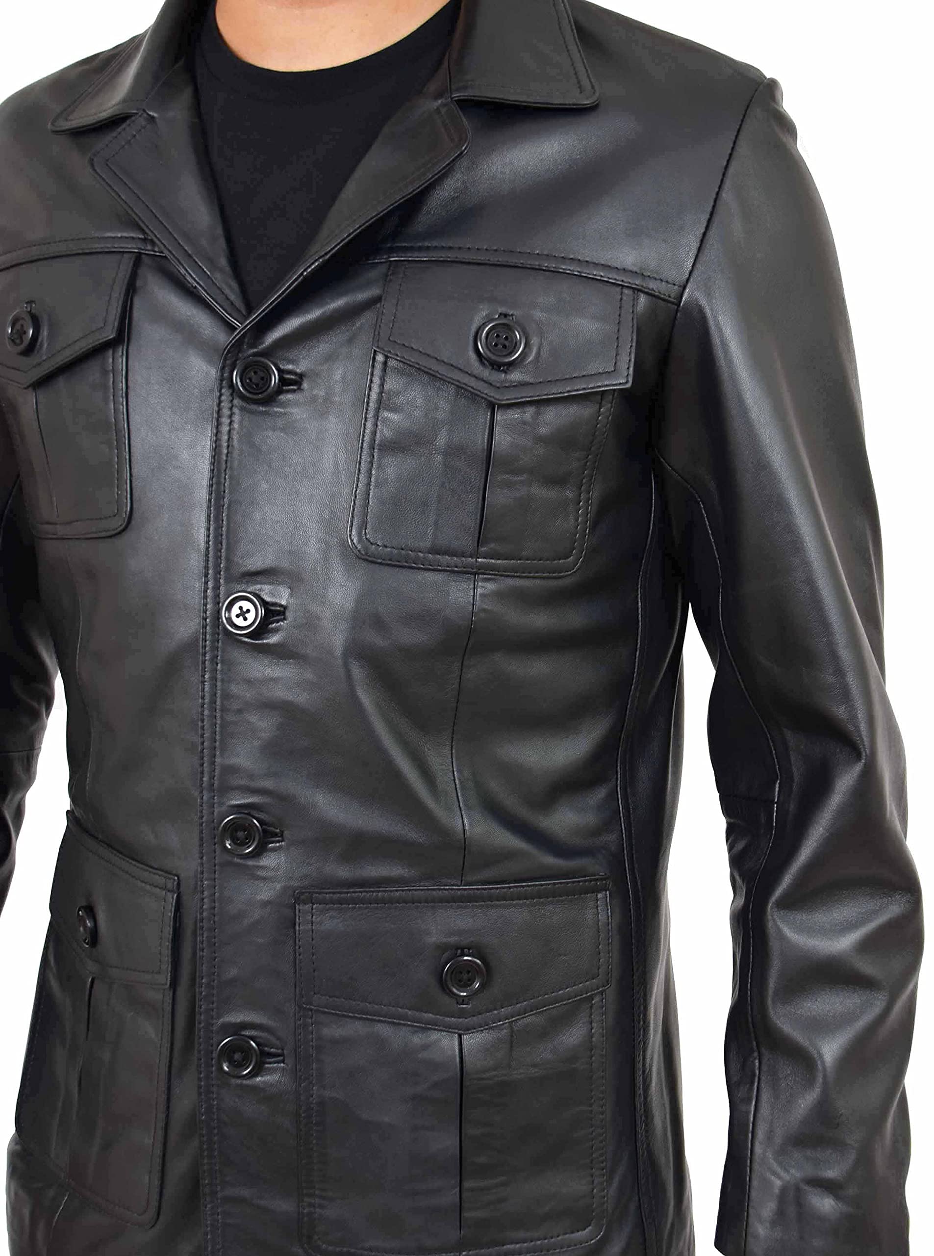 A1 FASHION GOODS Męska skórzana klasyczna marynarka retro lata 70. Hunters kurtka safari czarna jasnobrązowa kolor Jim