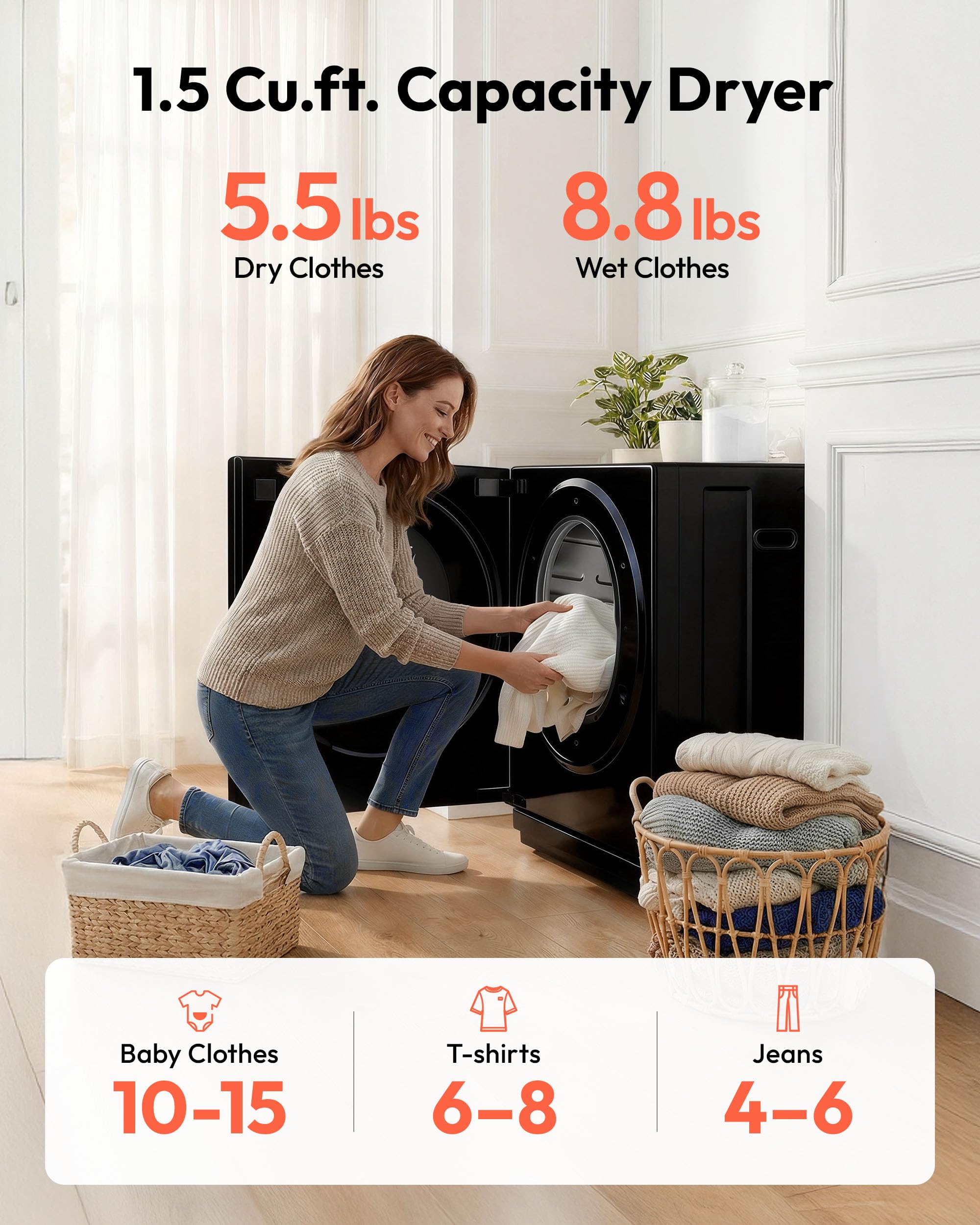 EUHOMY 1.5 Cu.ft Portable Dryer with 4 Drying Programs, 5.5lbs Clothes Capacity, Mirror Finish & LCD Panel, 850W Portable Clothes Dryer for Apartment, Dorm & RV, Black & White — view 4