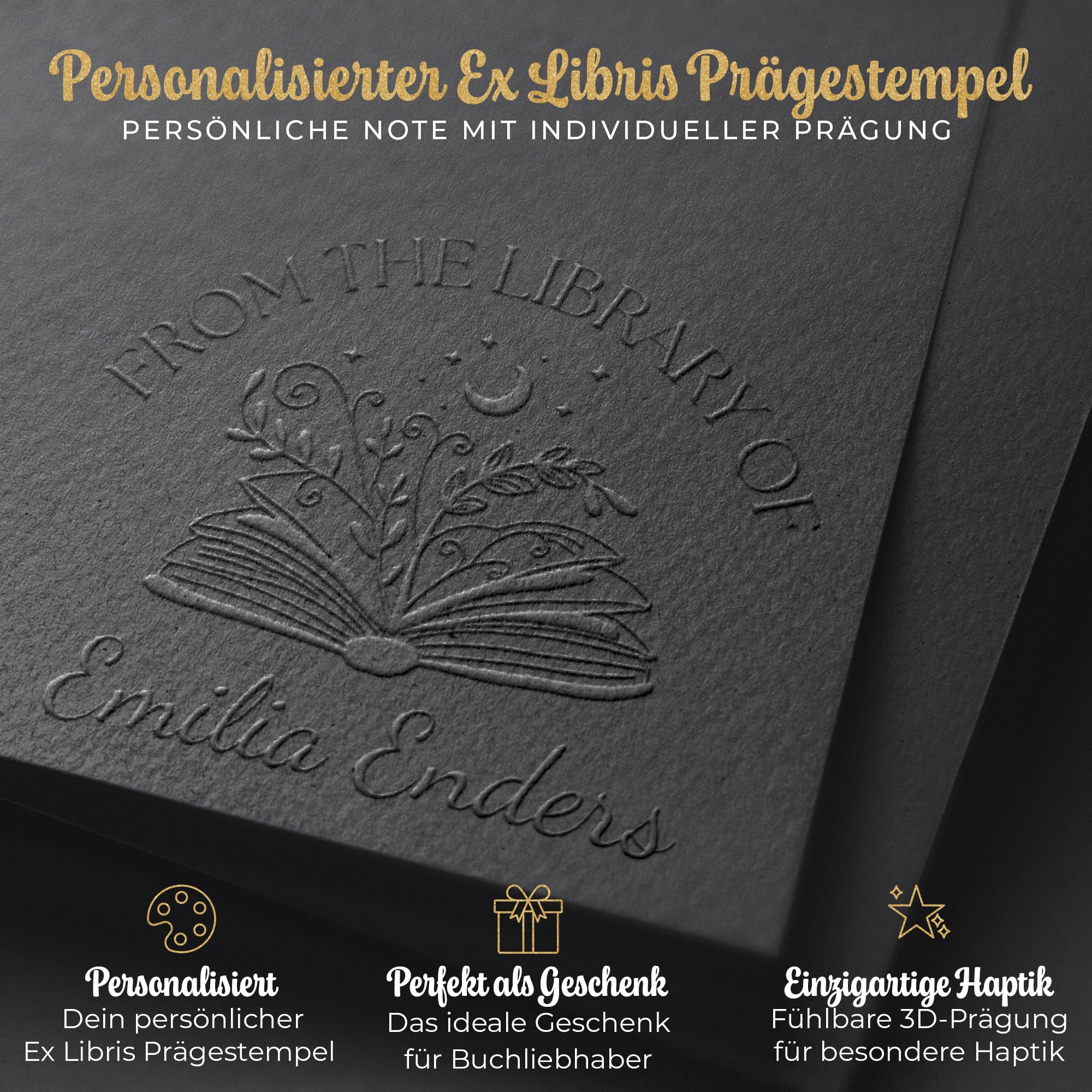 Ex Libris Prägestempel personalisiert – Buch Prägestempel für Papier – Individuelles Motiv mit Namen – Geschenkidee für Leser & Bibliothek (Signatura)