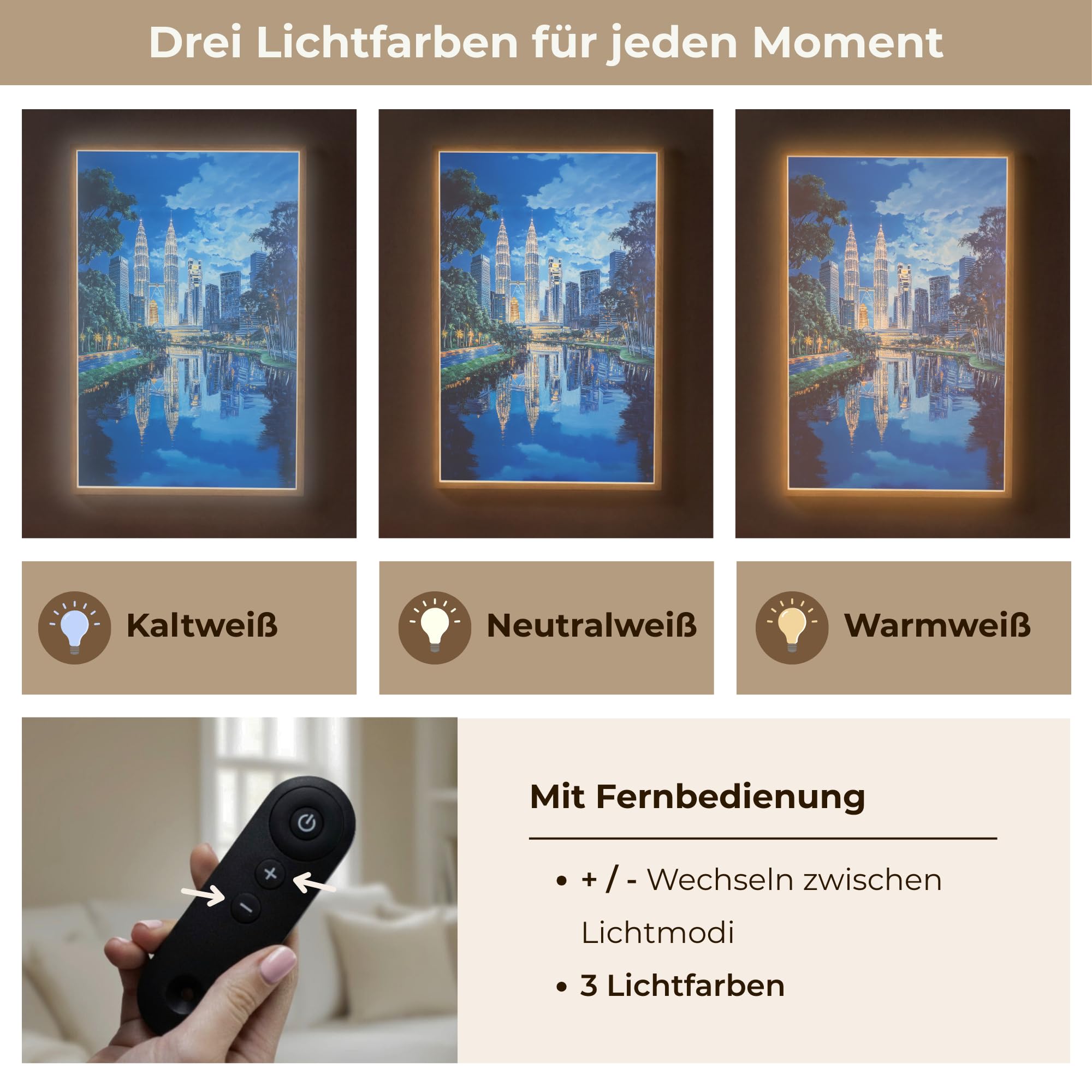 Moderne LED Wandleuchte Innen 60x90 cm Aufladbar Wandbeleuchtung Schlafzimmer Nachtlampe Flach Fernbedienung Warmes Still Licht Dimmbare Lampe Stadt Kuala Lumpur - Skyline - Wasser