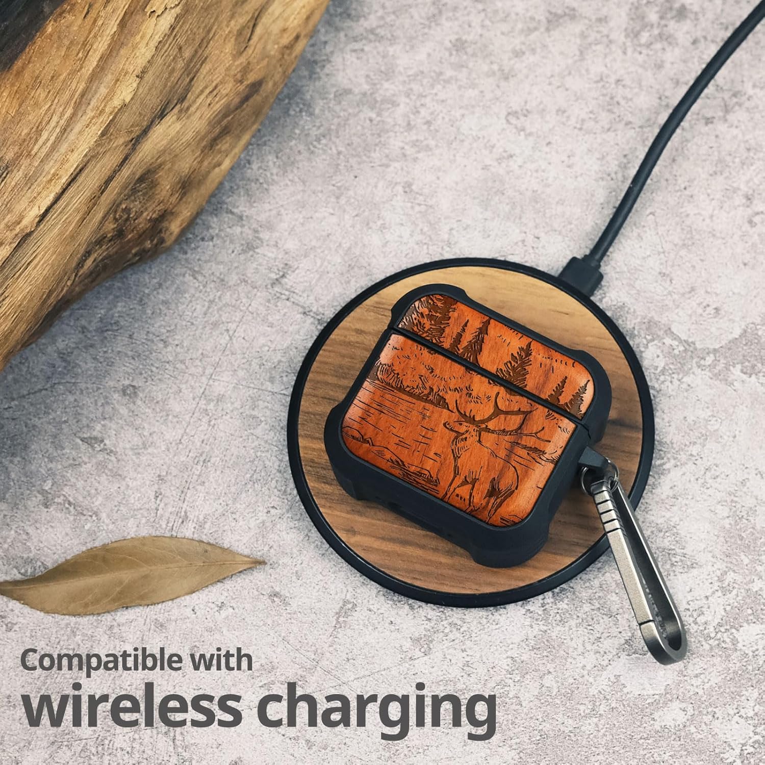 Carveit Wooden Case for AirPods 4 Case (2024) (USB-C) 4th Generation, Wood Artisan Engraved & TPU Shockproof Cover, Titanium Quick Released Clasp (Mountains and Deer) Rosy