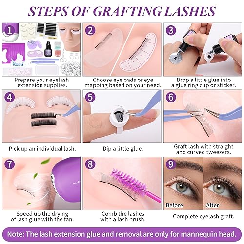 Miniatura 6 de Kit de extensión de pestañas para principiantes, juego de suministros de extensión de pestañas profesional con cabeza de maniquí, extensión de