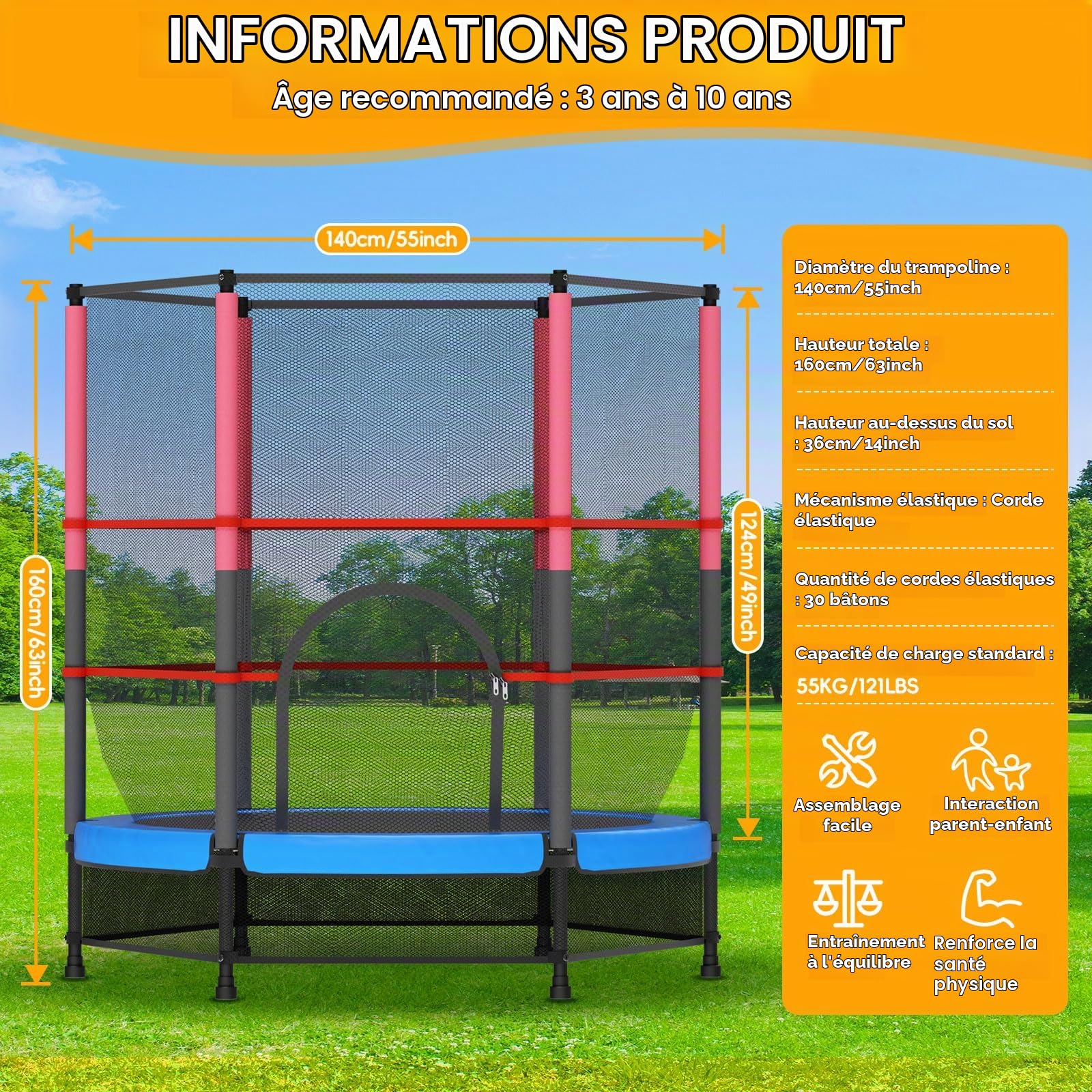 Trampoline pour enfant Ø 140 cm – avec filet de sécurité, porte zippée et filet de sol, suspension en corde en caoutchouc, intérieur/extérieur, charge jusqu'à 55 kg, pour enfants à partir de 3 ans
