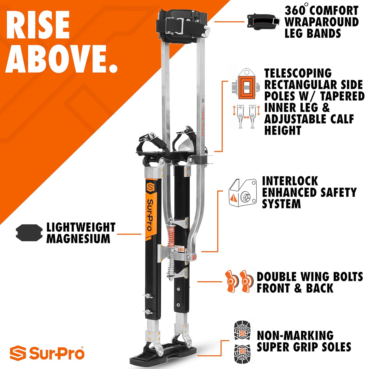 SurPro Double-Sided Drywall Stilts, Magnesium Base, 16” - 24” Height, QuadLock Contractor-Grade Stilts (S2-M-1624) for Drywallers, Painters, Ceiling Work, Stilts Drywall
