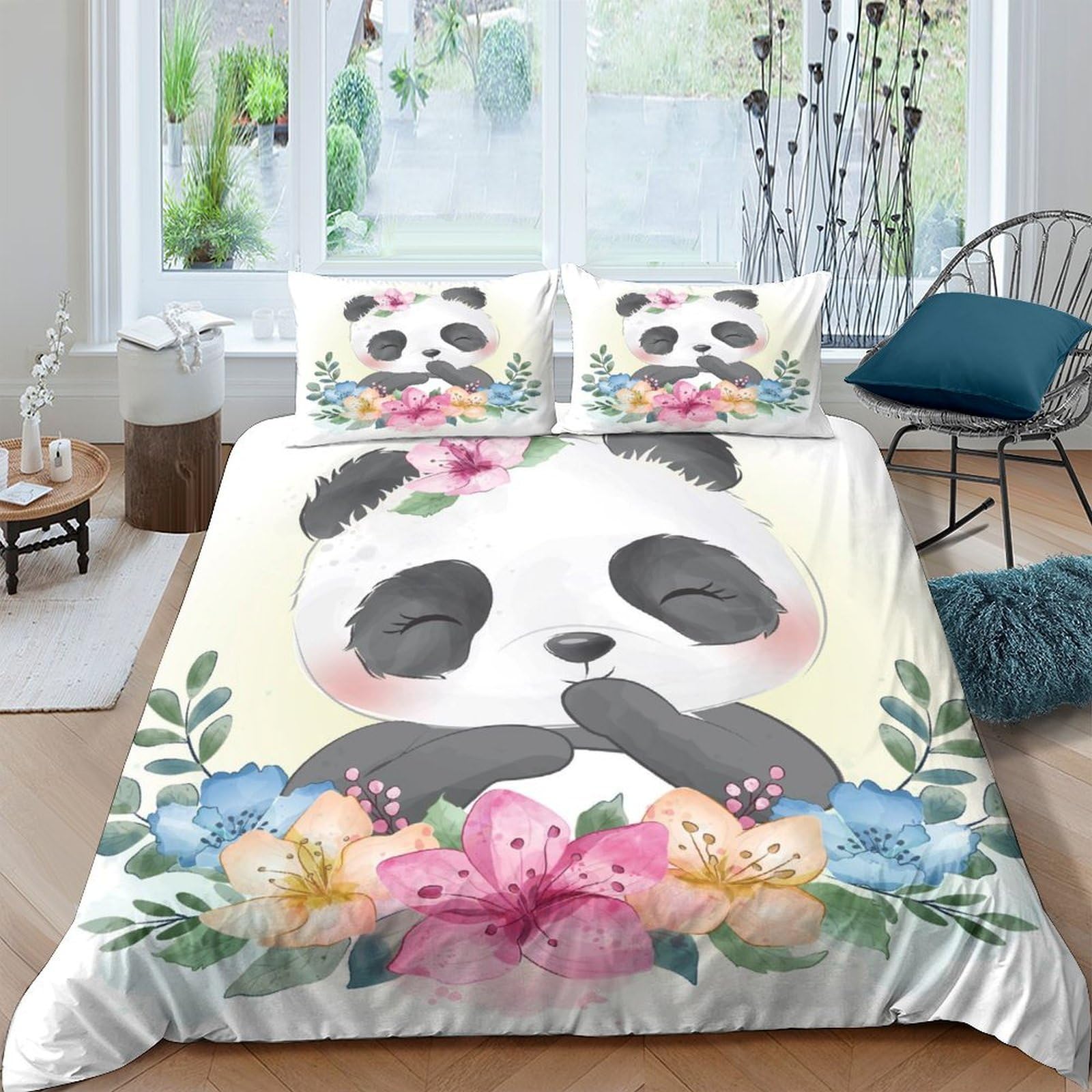 XFKLYNVCJ 3D Printed Cute panda Bed Cover Polyester Watercolor floral design Bedding Cover Wrinkle Resistant Shrink Resistant Friends Home Bedroom Use King（220x240cm）