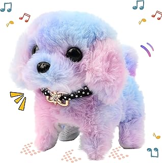 Walking Puppy Stuffed Animal Interactive Rainbow Dog Barking Tail Wagging Head Nodding Educational Plush Toy Easter Christmas Birthday Gift for Toddlers Kids Girls, 7’’