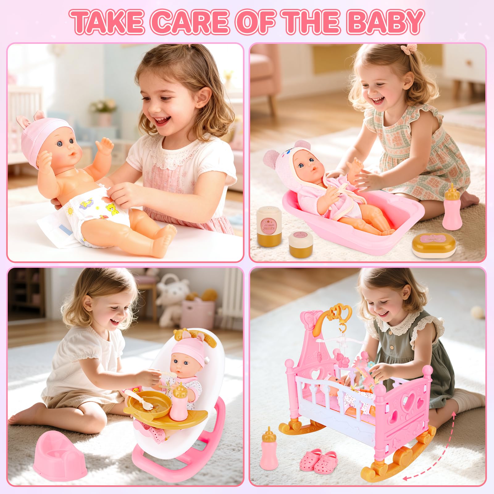 deAO Bambola con Accessori Set 21 Pezzi, Regalo per Bambine 3 Anni | Seggiolone, Lettino a Dondolo, Bambola Baby da 30 cm, Biberon, Ciuccio, Pannolino, Stoviglie, Vestitini, Gioco di Ruolo