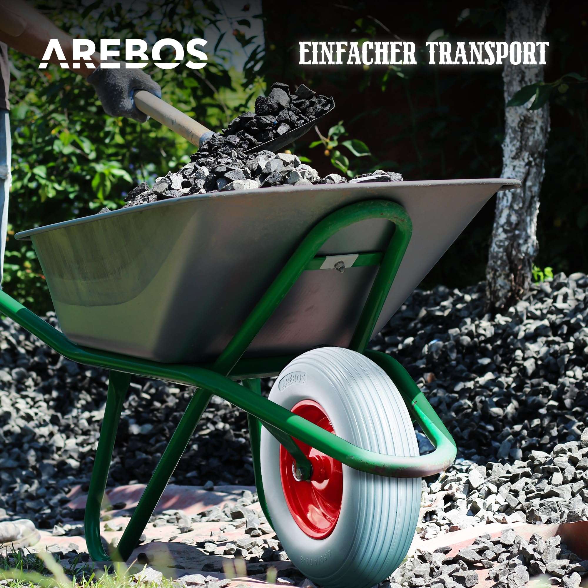Arebos Schubkarrenrad aus pannensicherem PU Vollgummi Tragkraft 200 kg | Reifen mit Stahlfelge | 4.80/4.00-8 | Ersatzrad Gummirad mit Achse | Schubkarren Rad | Durchmesser 390 mm | Grau
