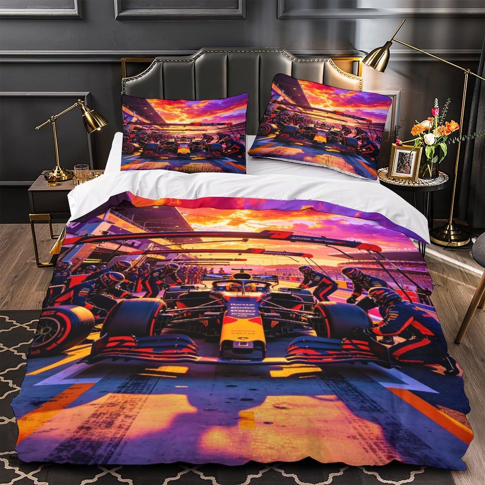 XiaopangXY Formulaa Racing Bedding Set with Hidden Zipper, Pit Stop Duvet Cover Set with Pillowcases, Soft Microfiber Luxury Quilt Cover Set Single（140x200cm）