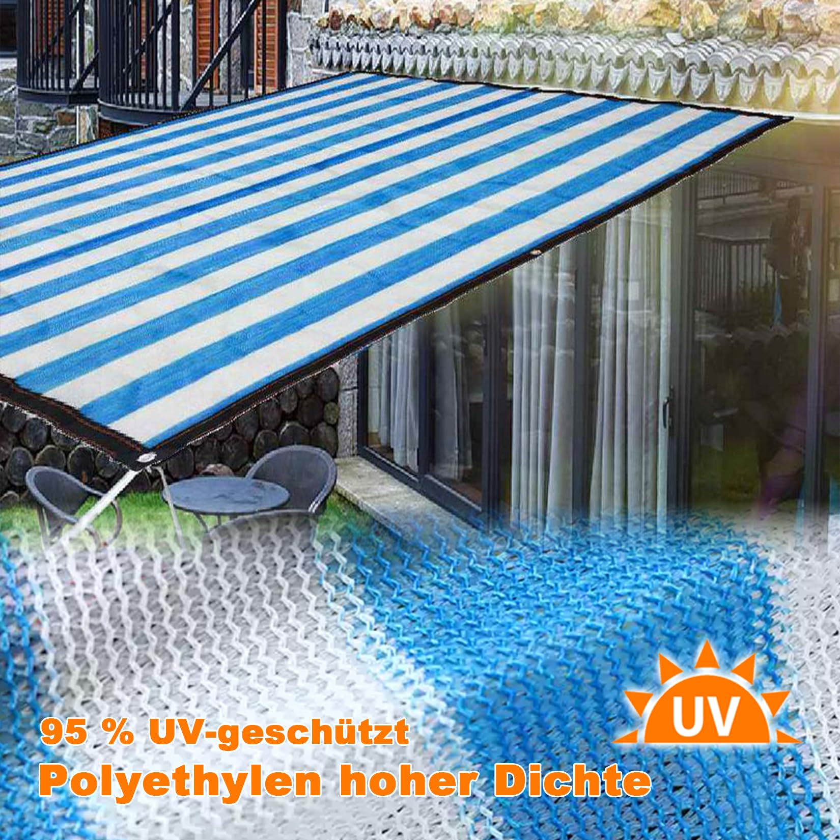 Segeltuch mit ösen und Befestigungsseile - 10x10m - 65% Beschattungsrate, Kratzfest - Schattiernetz - Sonnensegel für Gewächshaus Garten Gemüseg, Blaue Streifen