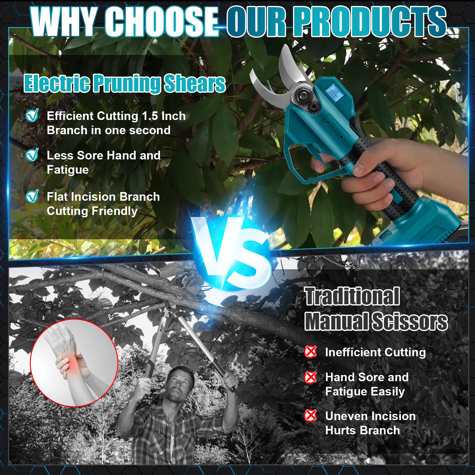 Sécateur Électrique Sans fil Compatible avec Makita 18 V, 30mm Secateur à batterie avec 2x2000mAh Batteries, LCD, Bürstenloser Motor, Ersatzklingen, pour branches, arbustes et troncs