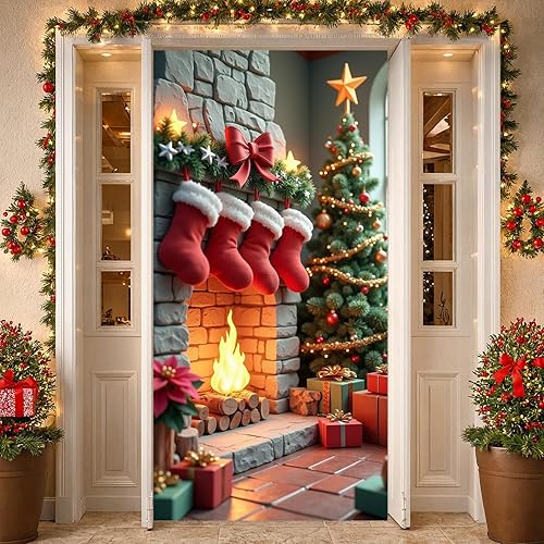 Decoración de cubierta de puerta de Navidad, chimenea, letrero rojo para puerta delantera, árbol de Navidad rojo, telón de fondo para pared del