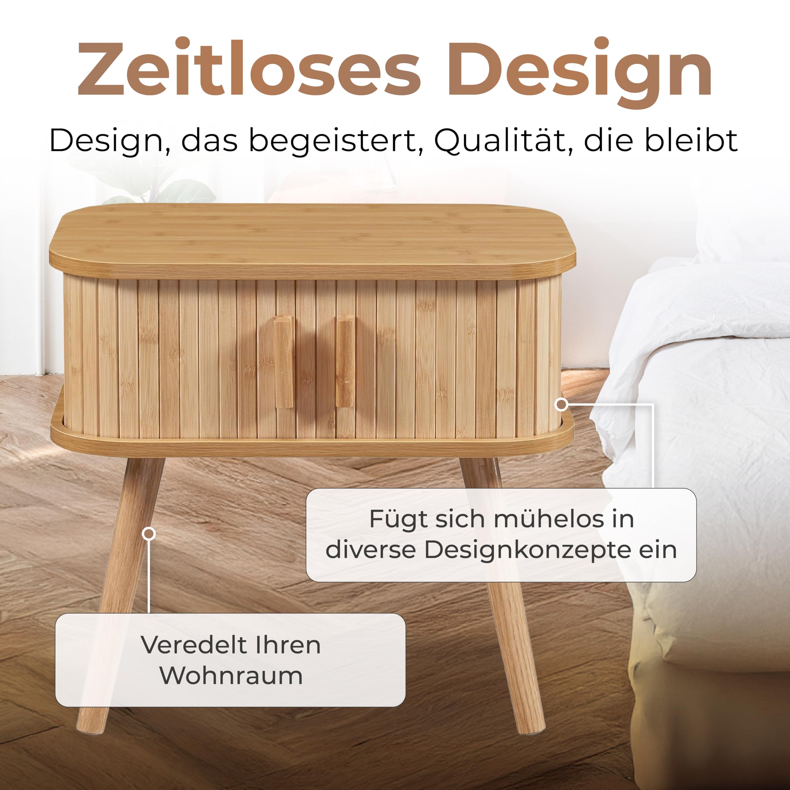 [en.casa] Nachttisch Nordkapp Beistelltisch mit 2 Schiebetüren Bambus Nachtschrank Sofatisch Holzbeine Nachtkästchen 48 x 30 x 45 cm