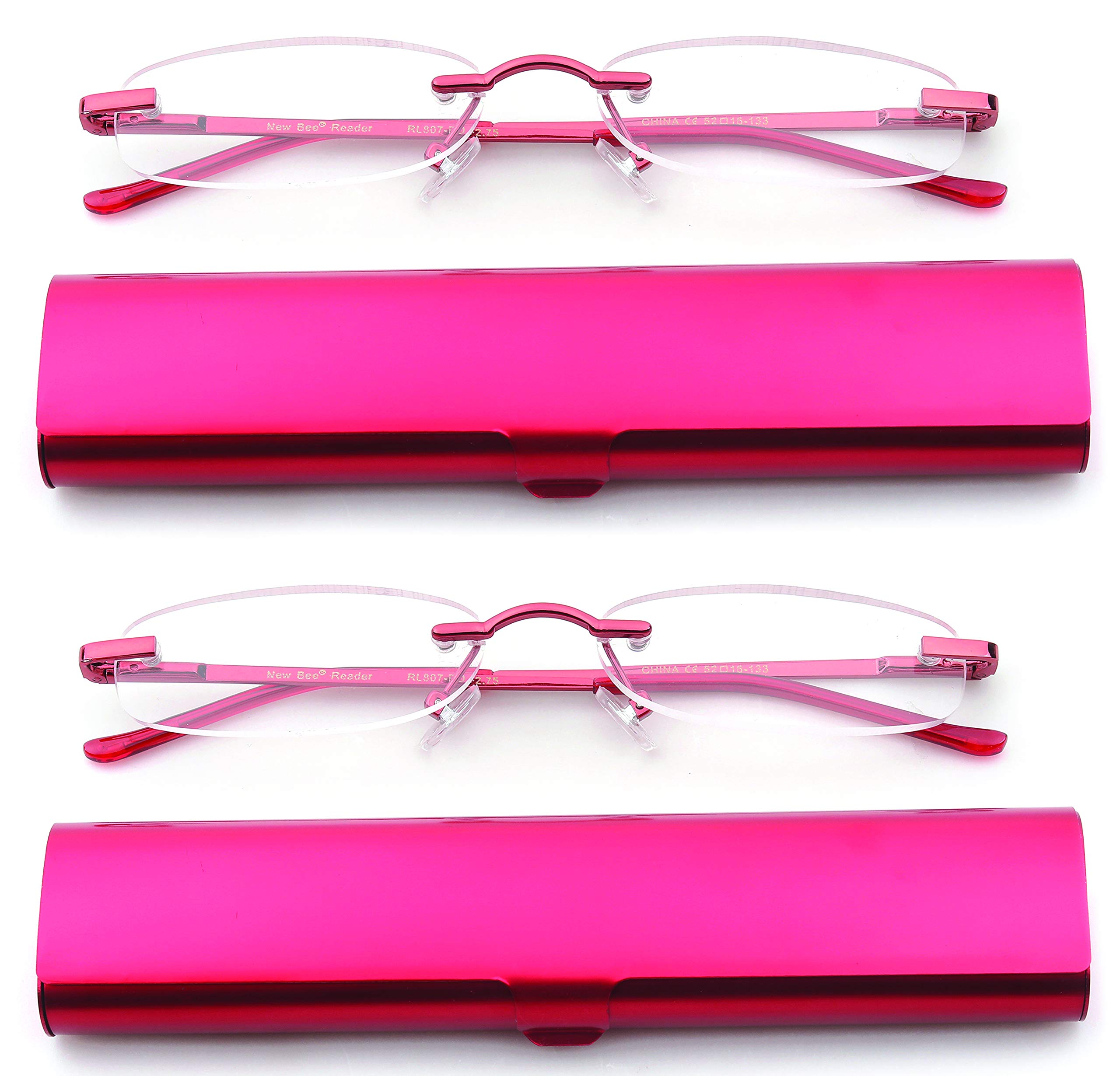 Newbee Fashion-Portable Compact Reading Glasses in Aluminum Case Metal Rectangle Rimless Reading Glasses Super Lightweight Reader Slim Design Comfort Fit 2 Pack Red 3.00