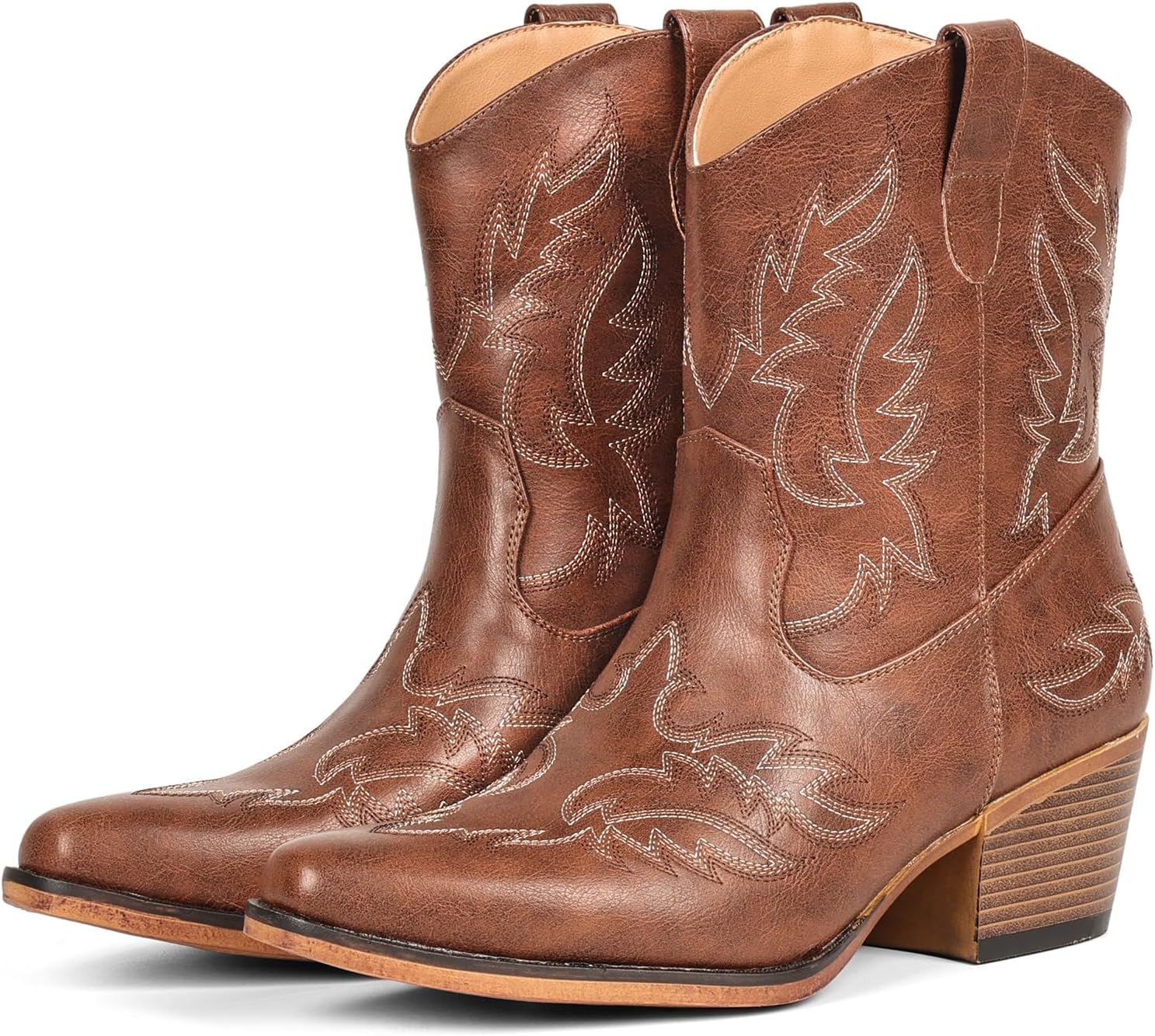 IUV Cowboy Boots for Women Ankle Cowgirl Booties Pointed Toe Western Short Chunky Classic Boot