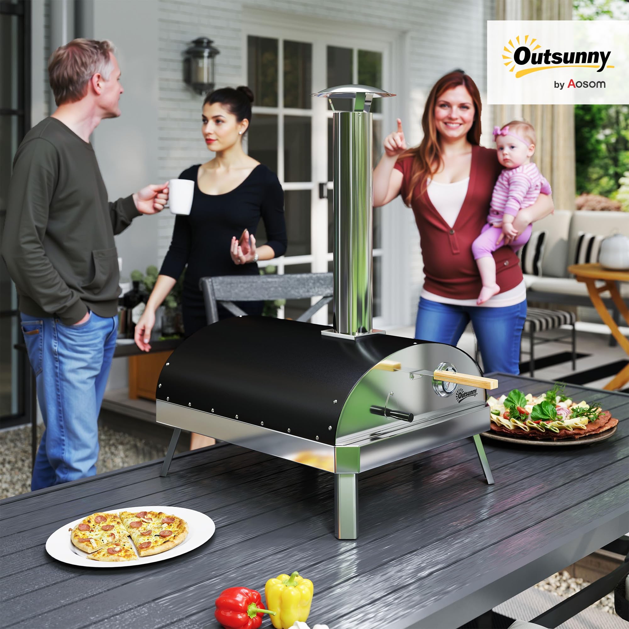 Outsunny Mini four à pizza extérieur portable avec pierre réfractaire Ø33 cm, manches en bois, thermomètre, plateau rotatif